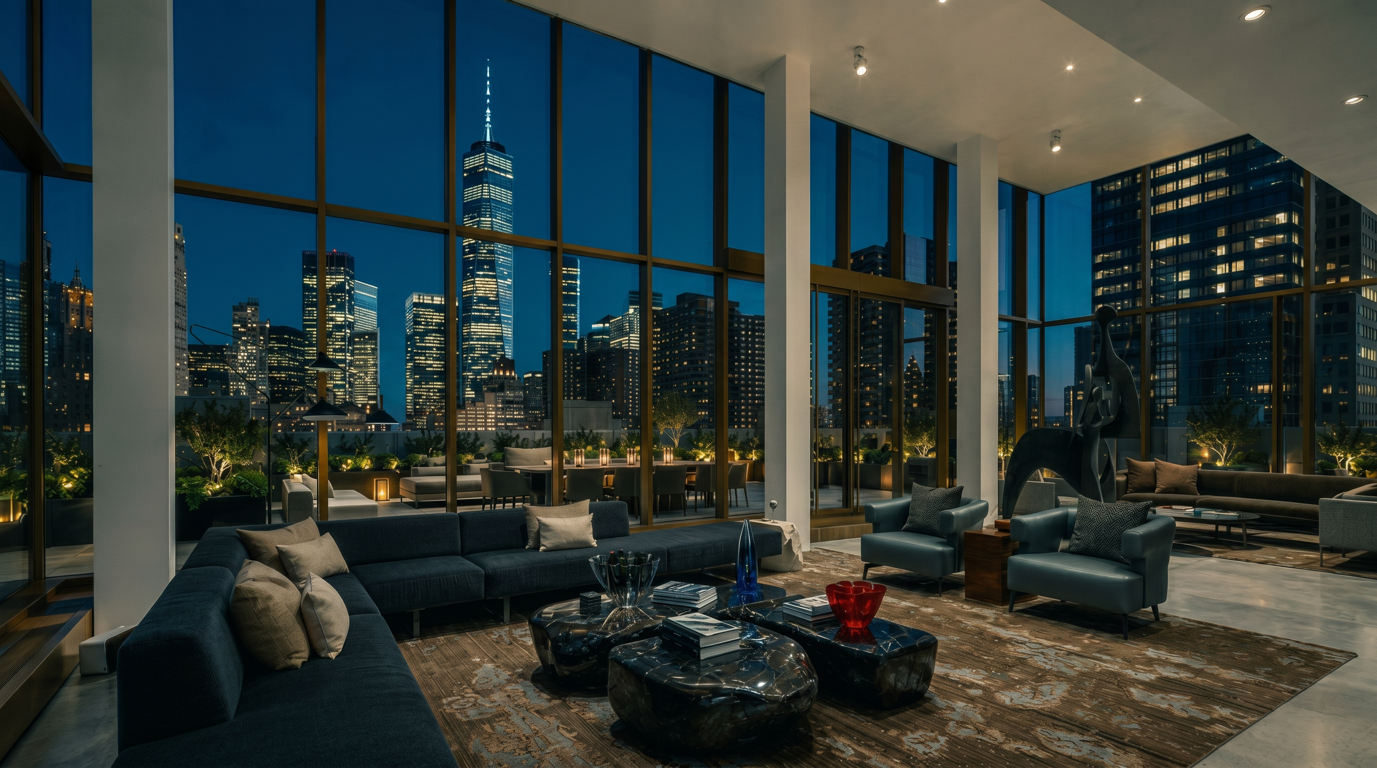 This sophisticated, high-end living room features expansive floor-to-ceiling windows that frame a breathtaking nighttime view of the New York City skyline, including the One World Trade Center. The space is furnished with a large, dark-toned sectional sofa, sculptural coffee tables, and contemporary armchairs arranged on a textured area rug. The cinematic perspective captures the seamless transition between the luxurious interior lounge and the illuminated outdoor terrace, emphasizing an atmosphere of urban elegance and exclusivity.