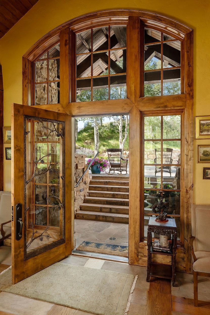 This inviting entryway features a grand, arched wooden door with decorative branch-like glass inserts, opening onto a stone-paved patio with steps leading to a lush outdoor space. The interior is framed by large, multi-pane windows that allow natural light to flood the room, highlighting the warm wood trim and yellow-toned walls. A small, ornate wooden side table sits to the right, adding a touch of rustic elegance to the transition between the indoor living area and the scenic exterior.