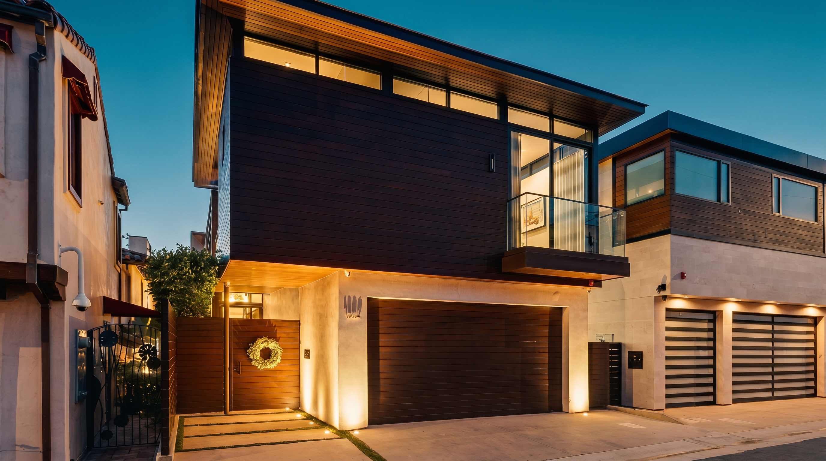 This modern, multi-story residence features a striking architectural design with dark horizontal wood siding and a prominent cantilevered upper level. The front facade includes a spacious garage, a private gated entryway with a decorative wreath, and a small glass-railed balcony. The exterior is illuminated by warm, integrated lighting, creating a sophisticated and inviting curb appeal.