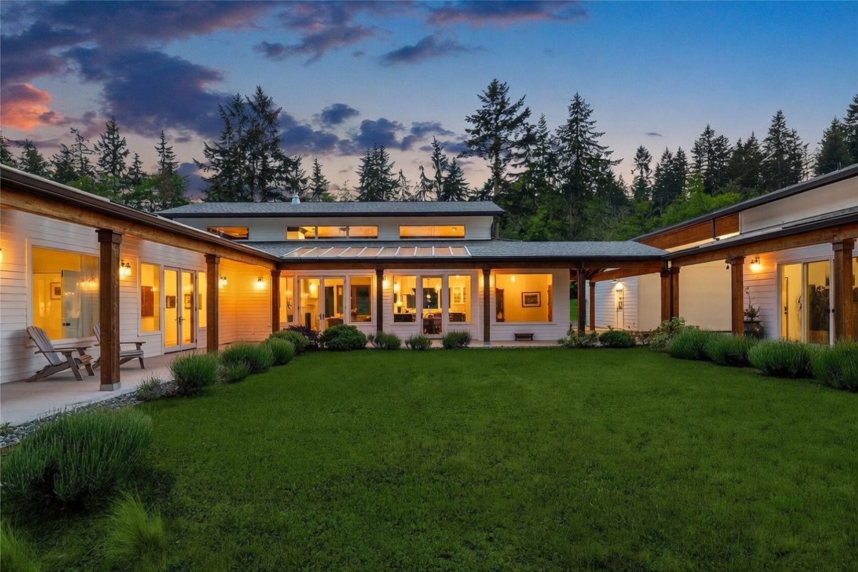 This rear view captures a modern, U-shaped home design featuring white siding, warm wood accents, and a covered patio area that wraps around a central lawn. The structure includes large windows and glass doors that create a seamless transition between the interior living spaces and the outdoor yard. The scene is set during twilight, with the warm glow of interior and exterior lighting contrasting against the darkening sky and surrounding forest.