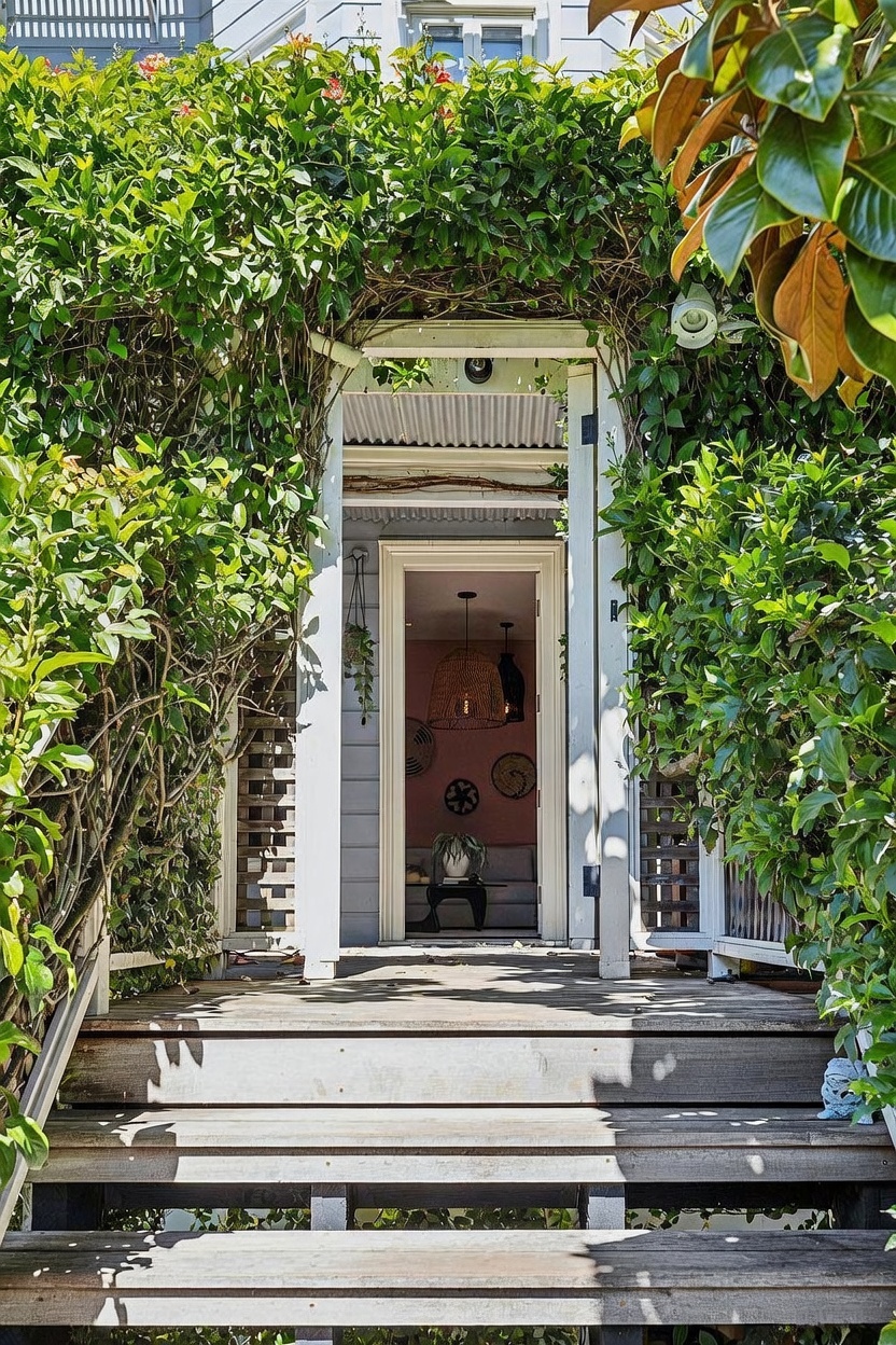 This inviting entryway features a set of wooden stairs leading up to a charming, vine-covered porch entrance. The doorway frames a view into a warm, pink-walled interior space decorated with hanging pendant lights and wall art. The lush greenery surrounding the entrance creates a secluded and picturesque transition from the outdoors into the home.