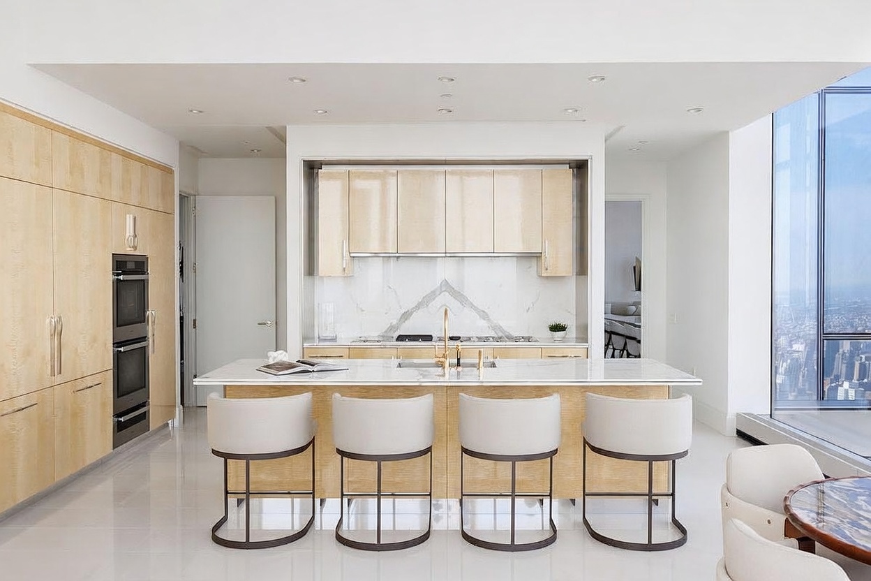 This modern, high-end kitchen features light wood cabinetry and a central island with a stone countertop and seating for four. The space is anchored by a striking stone backsplash with a geometric pattern and is bathed in natural light from expansive windows that offer a panoramic city view. The overall aesthetic is sleek and minimalist, emphasizing clean lines and a bright, airy atmosphere.