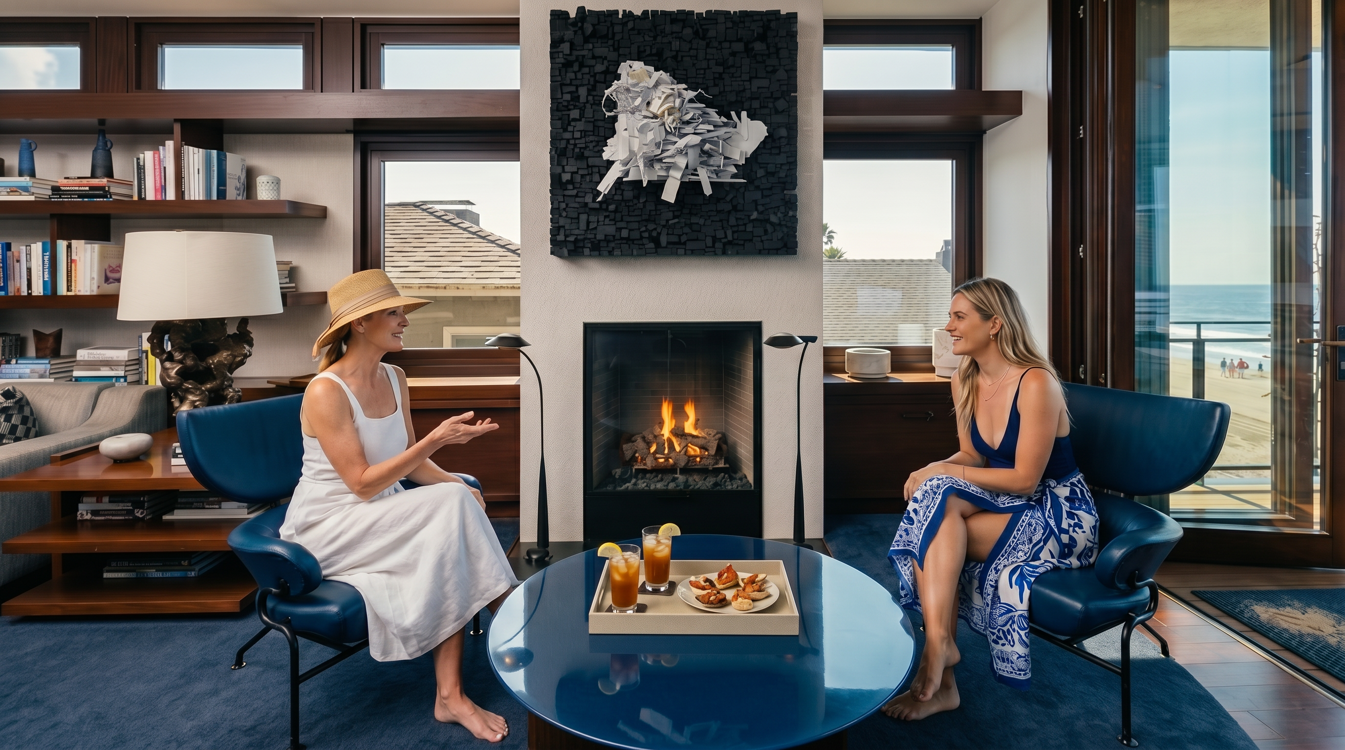 This sophisticated living room features a central fireplace with a prominent textured art piece mounted on the wall above it. Two sleek, navy blue leather chairs are positioned around a circular glass coffee table, set against a backdrop of dark wood shelving and large windows that offer a view of the ocean. The room is anchored by a deep blue area rug, creating a cohesive and modern aesthetic with a focus on clean lines and high-end finishes.