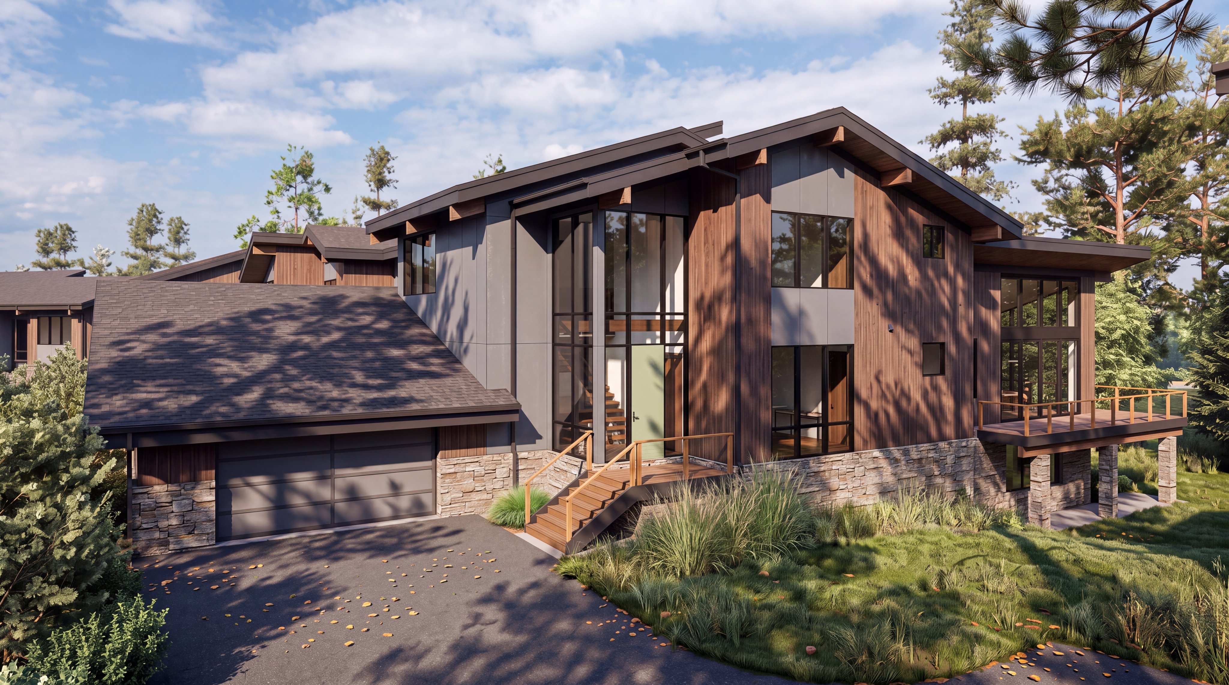 This modern mountain-style home features a striking combination of vertical wood siding, dark metal accents, and a stone foundation. The front facade includes a prominent entryway with tall glass panels, a garage, and an elevated wooden deck extending from the side. The architectural design emphasizes clean lines and a multi-level roof structure, set against a backdrop of mature pine trees.