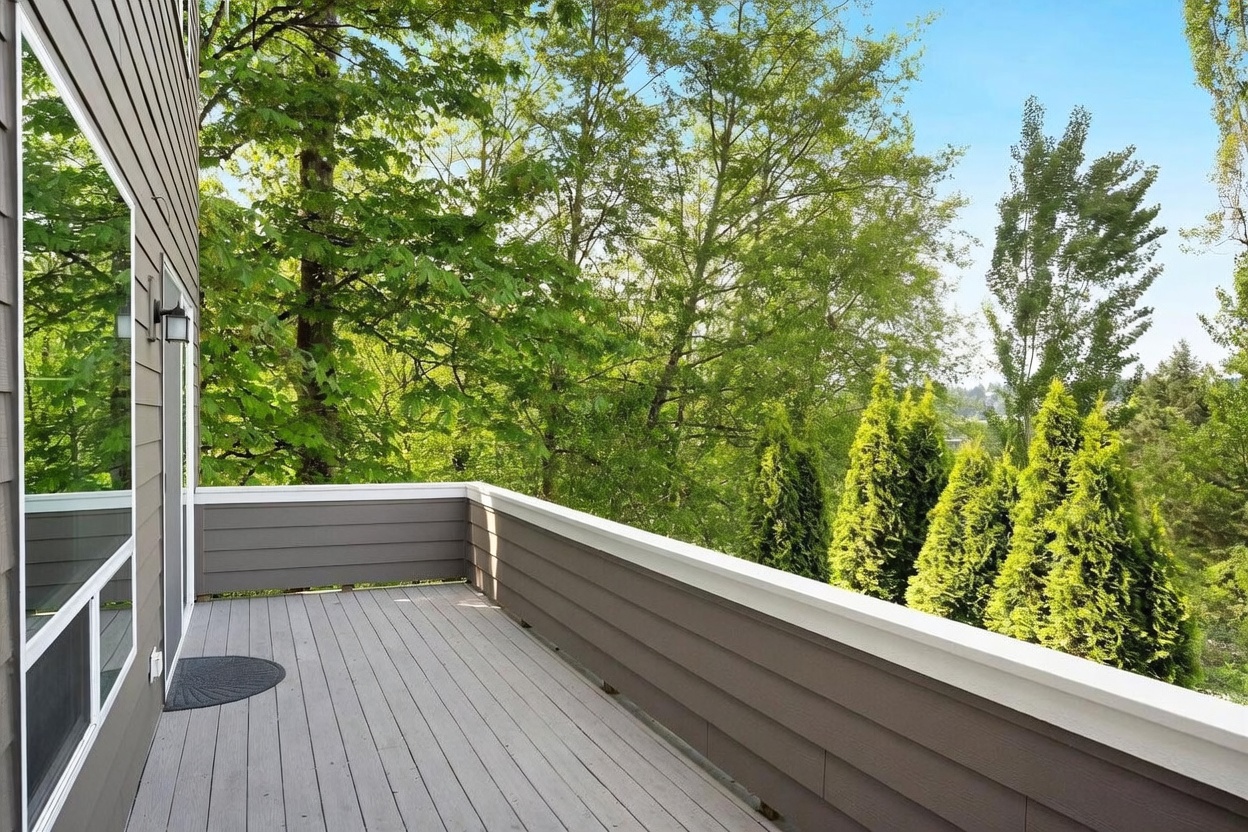 This elevated deck features light-toned composite decking and a matching horizontal-slat railing with a white top cap. The space offers a private, serene view of lush green trees and tall evergreen shrubs, creating a peaceful outdoor retreat. A wall-mounted light fixture is visible near the sliding glass door, providing a clean and modern aesthetic.