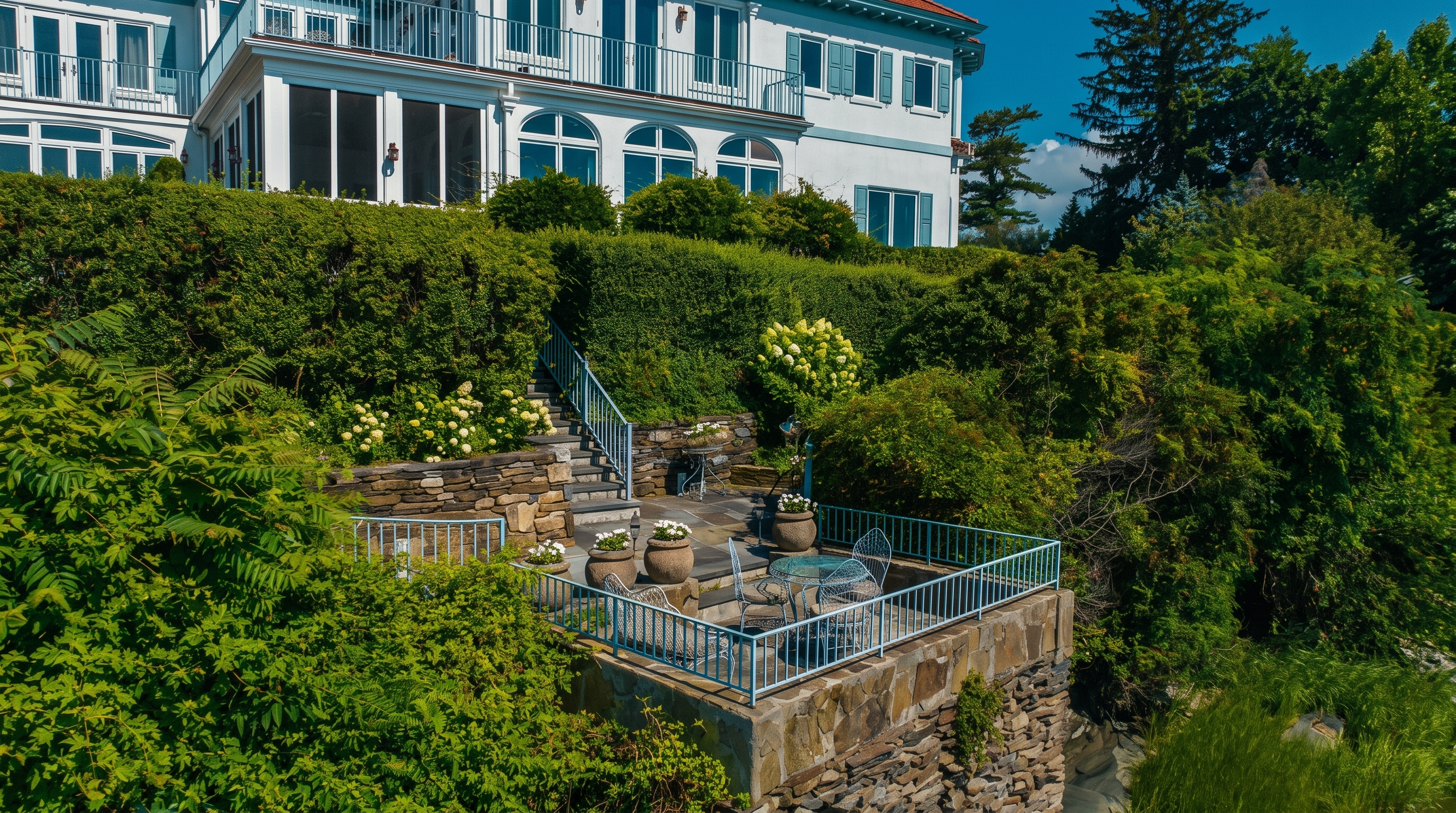 This elevated perspective captures the rear of a grand, white-stucco estate featuring a red-tiled roof and a prominent second-story balcony. Below the main structure, a stone-walled terrace provides a scenic outdoor seating area, accessible via a set of stairs integrated into the lush, manicured hillside. The scene conveys a sense of luxury and privacy, highlighting the seamless transition between the formal architecture and the natural landscape.