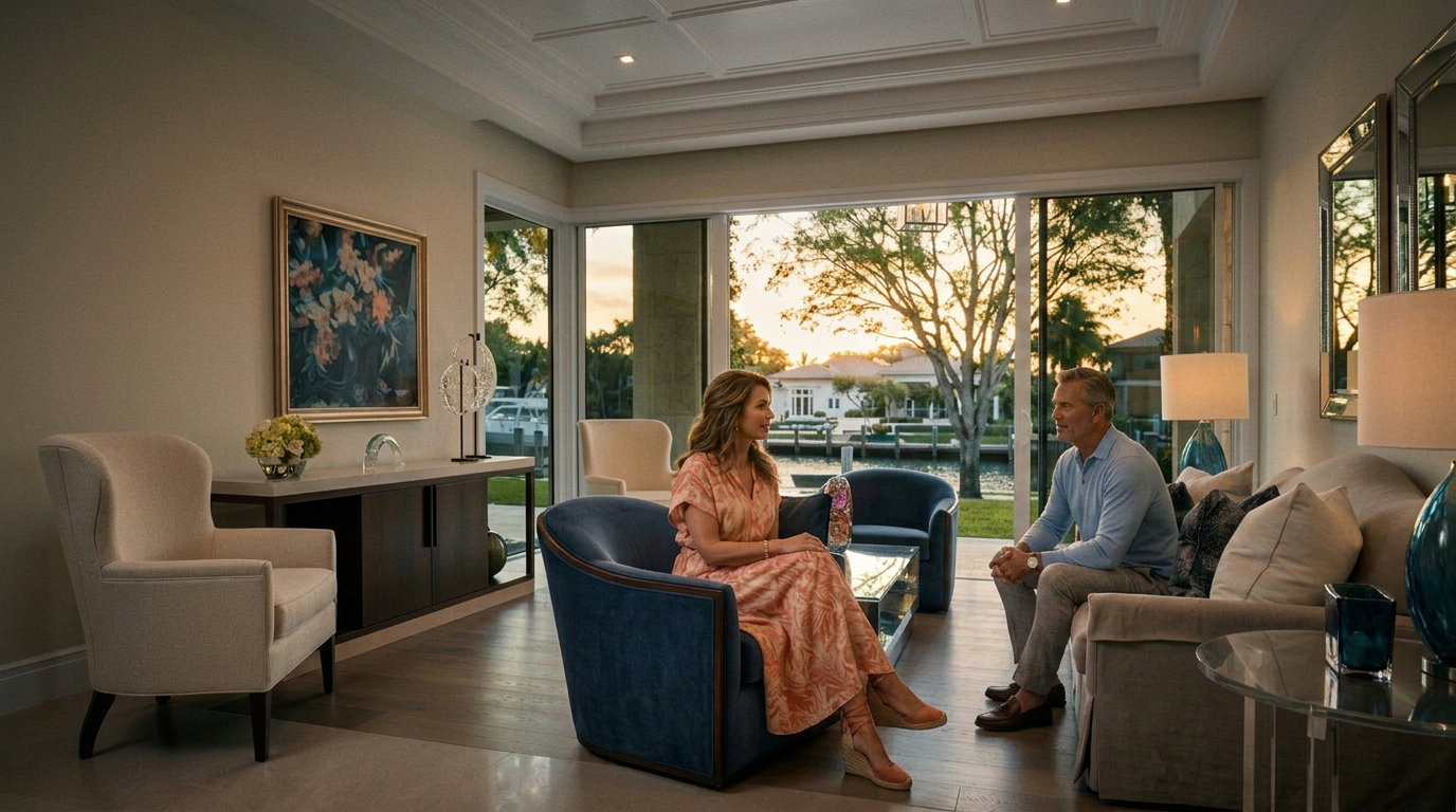 This elegant living room features a coffered ceiling and light wood flooring, creating a bright and sophisticated atmosphere. The space is furnished with a mix of neutral-toned armchairs and a plush sofa, centered around a glass-topped coffee table. Large sliding glass doors provide a seamless transition to the outdoor patio and offer a scenic view of the canal and lush greenery beyond.