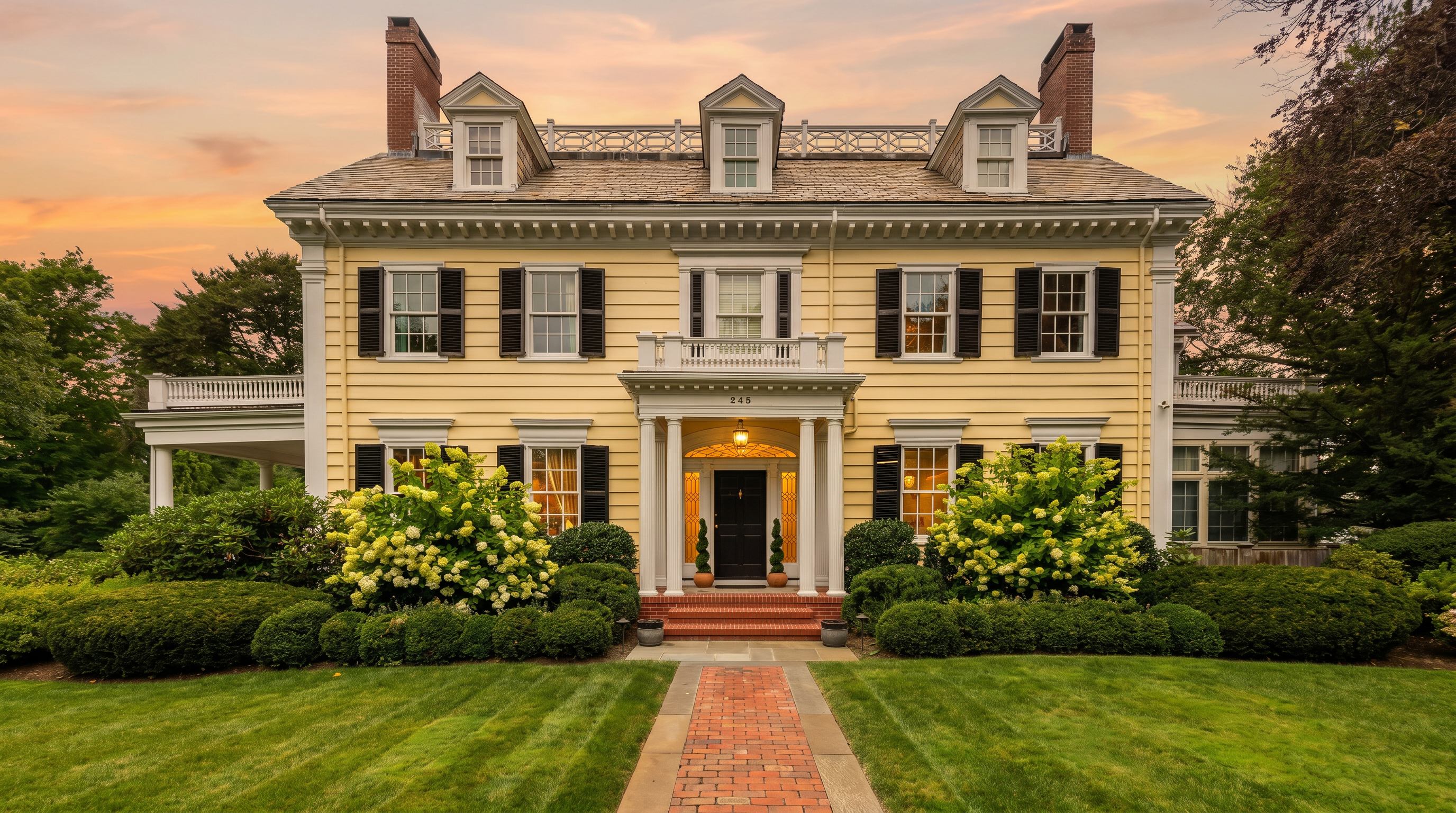 This stately, yellow-sided colonial home features a symmetrical facade with black shutters, a central portico with white columns, and three dormer windows set into a shingled roof. A straight brick walkway leads directly to the front entrance, flanked by manicured green lawns and lush, rounded shrubbery. The perspective is a centered, eye-level shot that emphasizes the classic, formal architecture and well-maintained landscaping of the property.