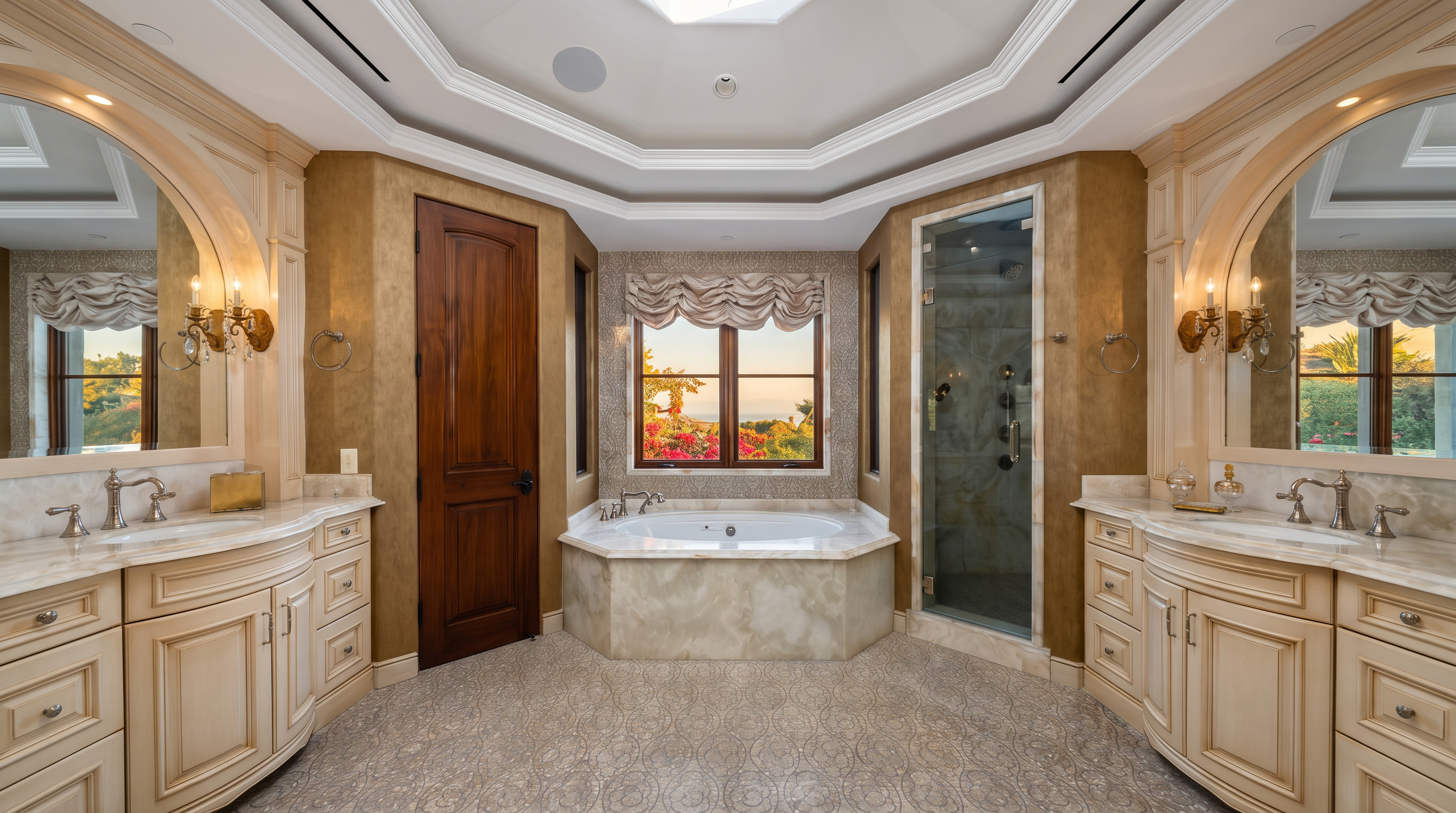 This luxurious primary bathroom features a symmetrical layout with dual vanities flanking a central soaking tub set beneath a window. The space is finished with light-toned cabinetry, stone countertops, and intricate patterned tile flooring, all under a recessed tray ceiling. A glass-enclosed shower stall is positioned to the right, contributing to the bright and elegant atmosphere of the room.