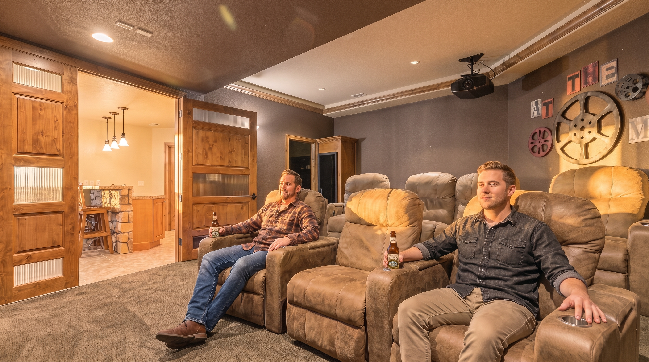 This dedicated home theater room features multiple rows of plush, tan-colored reclining theater seats arranged on tiered flooring. The room is decorated with cinematic wall art, including a large film reel and vintage-style lettering, and includes a ceiling-mounted projector. A set of wooden French doors with glass panels opens into an adjacent bar area, creating a cohesive entertainment space.