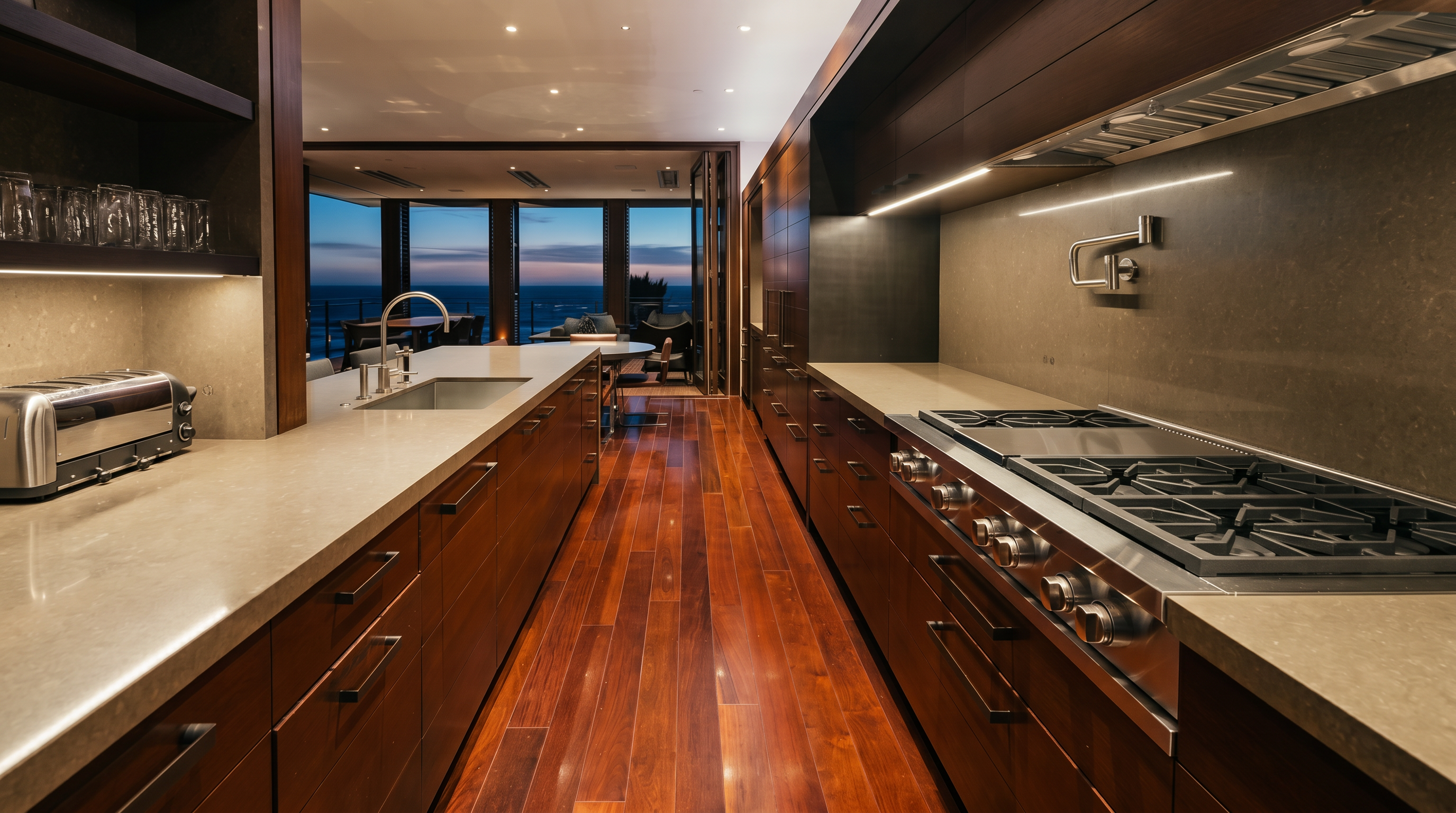 This sleek, galley-style kitchen features rich, dark wood cabinetry paired with neutral stone countertops and polished hardware. A professional-grade gas range with a pot filler is integrated into the long counter, while a stainless steel sink sits on the opposite island. The space opens up to a dining area with expansive glass doors that reveal a stunning ocean view at dusk.