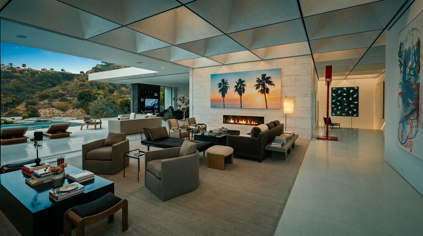 This expansive, modern living room features a high, coffered ceiling and an open-concept design that seamlessly transitions to an outdoor pool area. The space is anchored by a large, contemporary fireplace adorned with a vibrant palm tree sunset painting, surrounded by plush, neutral-toned seating. The room exudes luxury and sophistication, with polished floors and a panoramic view of the surrounding hills.