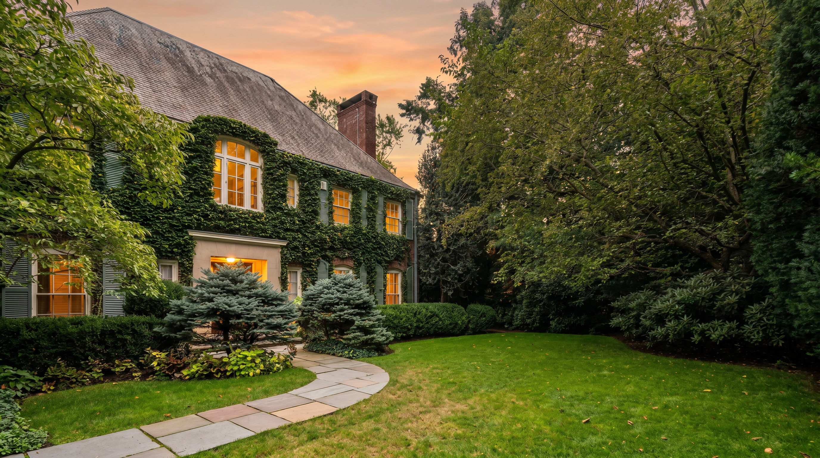 This charming, ivy-covered brick home features a classic architectural style with a steep, shingled roof and a prominent brick chimney. A stone pathway leads through a lush, manicured lawn toward the front entrance, framed by mature evergreen shrubs and dense, leafy trees. The perspective captures the serene, established curb appeal of the property, emphasizing its private and verdant setting.
