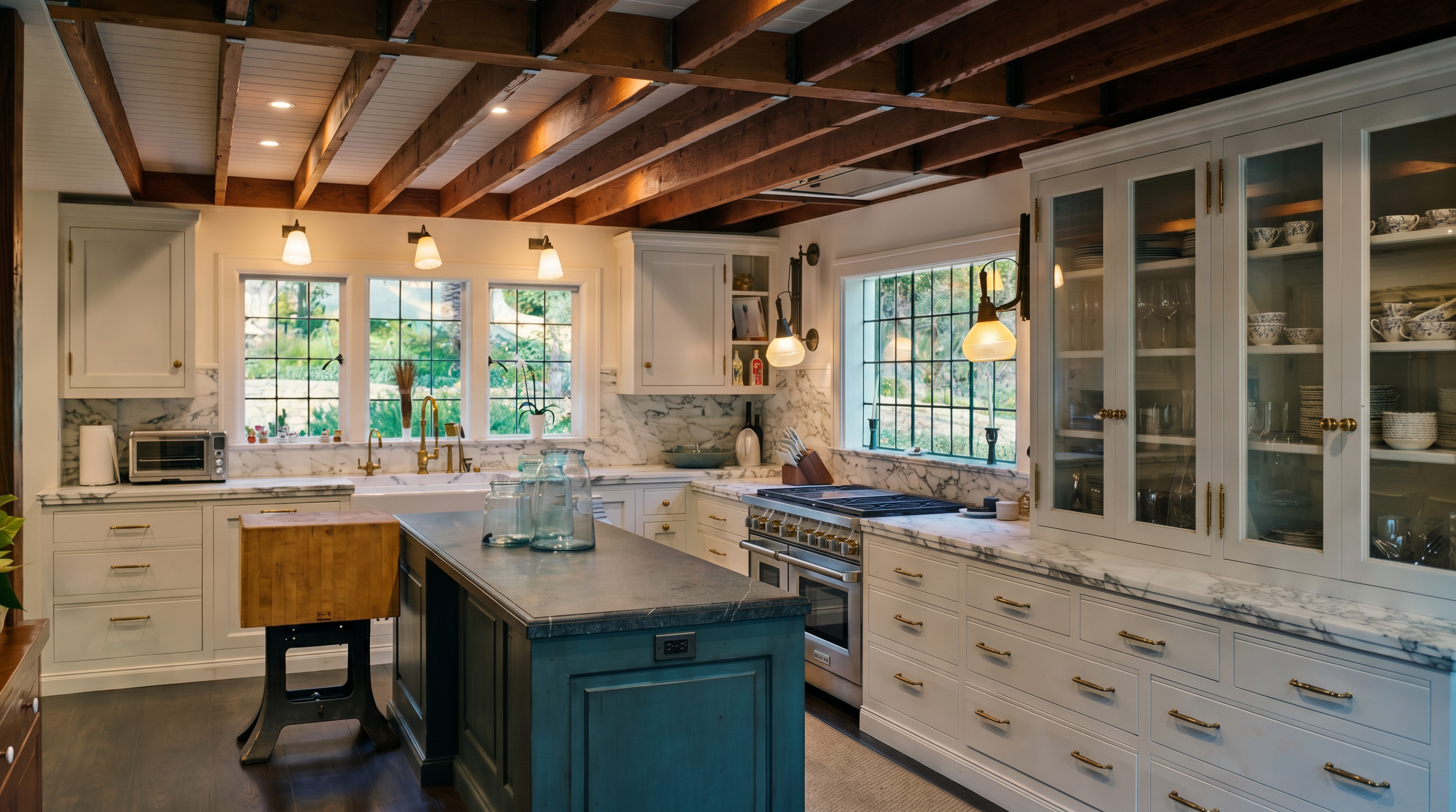 This elegant, farmhouse-inspired kitchen features a striking blue central island topped with a dark stone counter, contrasting beautifully against the crisp white cabinetry and marble countertops. The room is defined by its dramatic exposed wood beam ceiling and large windows that flood the space with natural light. A professional-grade range and glass-fronted display cabinets add a touch of sophistication to this warm, inviting culinary space.