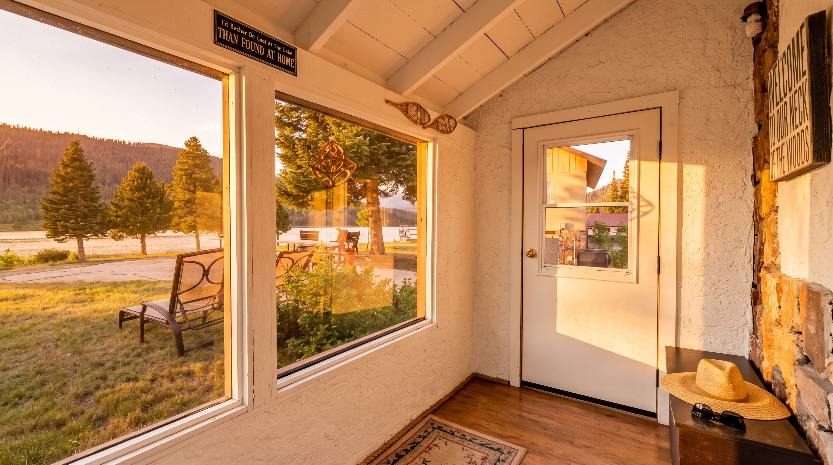 This bright sunroom features white-painted walls and wood-look flooring, creating a cozy, rustic atmosphere. Large windows provide an expansive view of the lake and surrounding forest, while a door leads directly to the outdoor area. A straw hat rests on a dark storage bench, and decorative items like snowshoes and a wall sign add a charming, cabin-inspired touch.