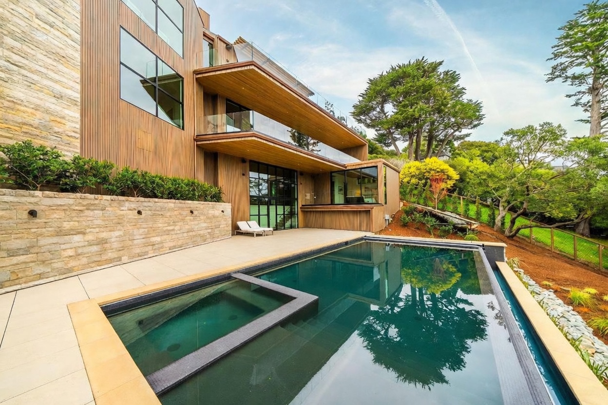 This modern architectural residence features a multi-level design with warm wood siding and expansive glass railings. A sleek, dark-tiled swimming pool with an integrated spa occupies the foreground, set against a stone-retaining wall and a paved patio area. The scene is framed by lush green trees and a landscaped hillside, creating a serene and luxurious outdoor living environment.