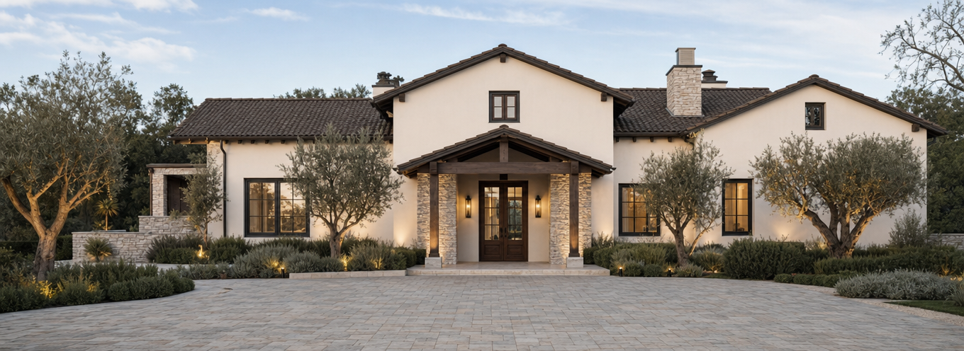 This elegant Mediterranean-style single-story estate features a symmetrical facade with creamy stucco walls, a dark tile roof, and stone-accented pillars framing a grand wooden entryway. The meticulously landscaped front yard includes mature olive trees and low-maintenance shrubs, complemented by a large, high-end paver driveway. Warm outdoor lighting enhances the home's inviting curb appeal and sophisticated architectural character.
