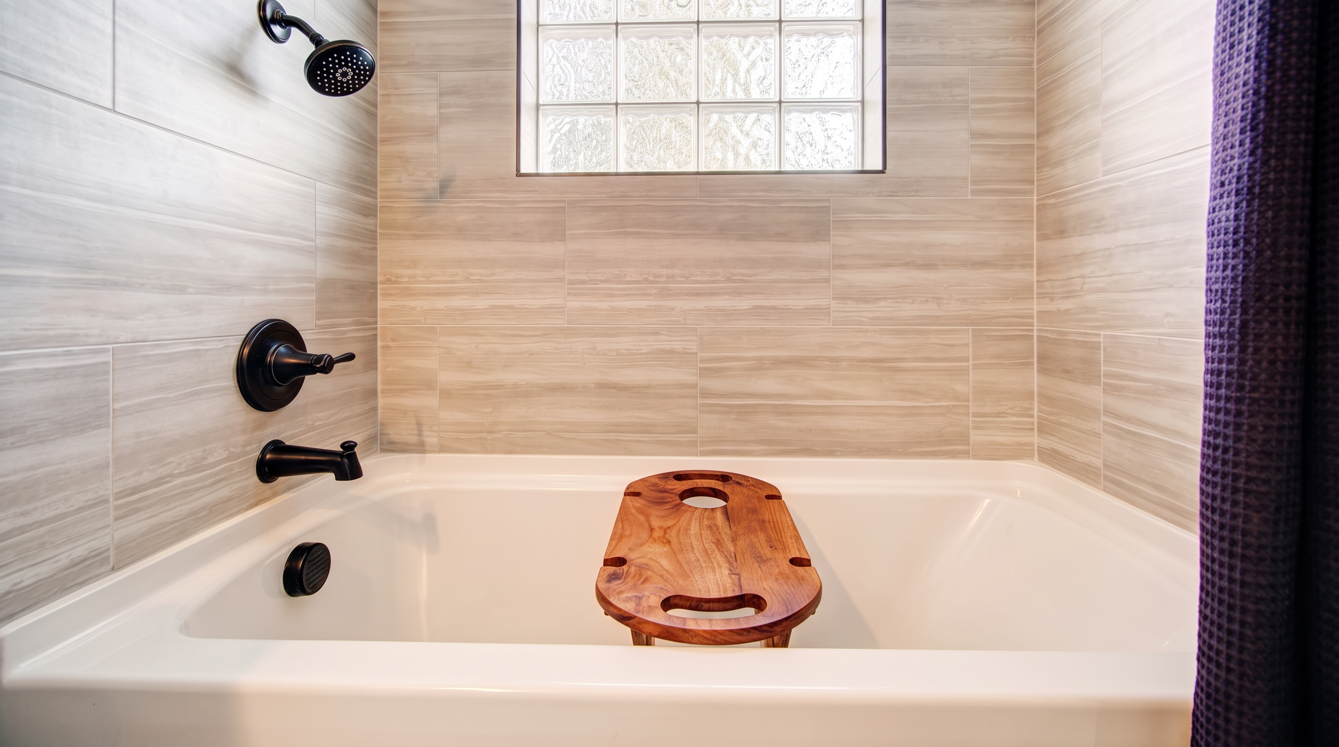 This bathroom features a clean, contemporary design with light-toned horizontal tile work and a white bathtub equipped with a wooden bath tray. The shower hardware and fixtures are finished in a sleek matte black, creating a bold contrast against the neutral wall tiles. A glass block window allows natural light to filter into the space, enhancing the bright and modern atmosphere.
