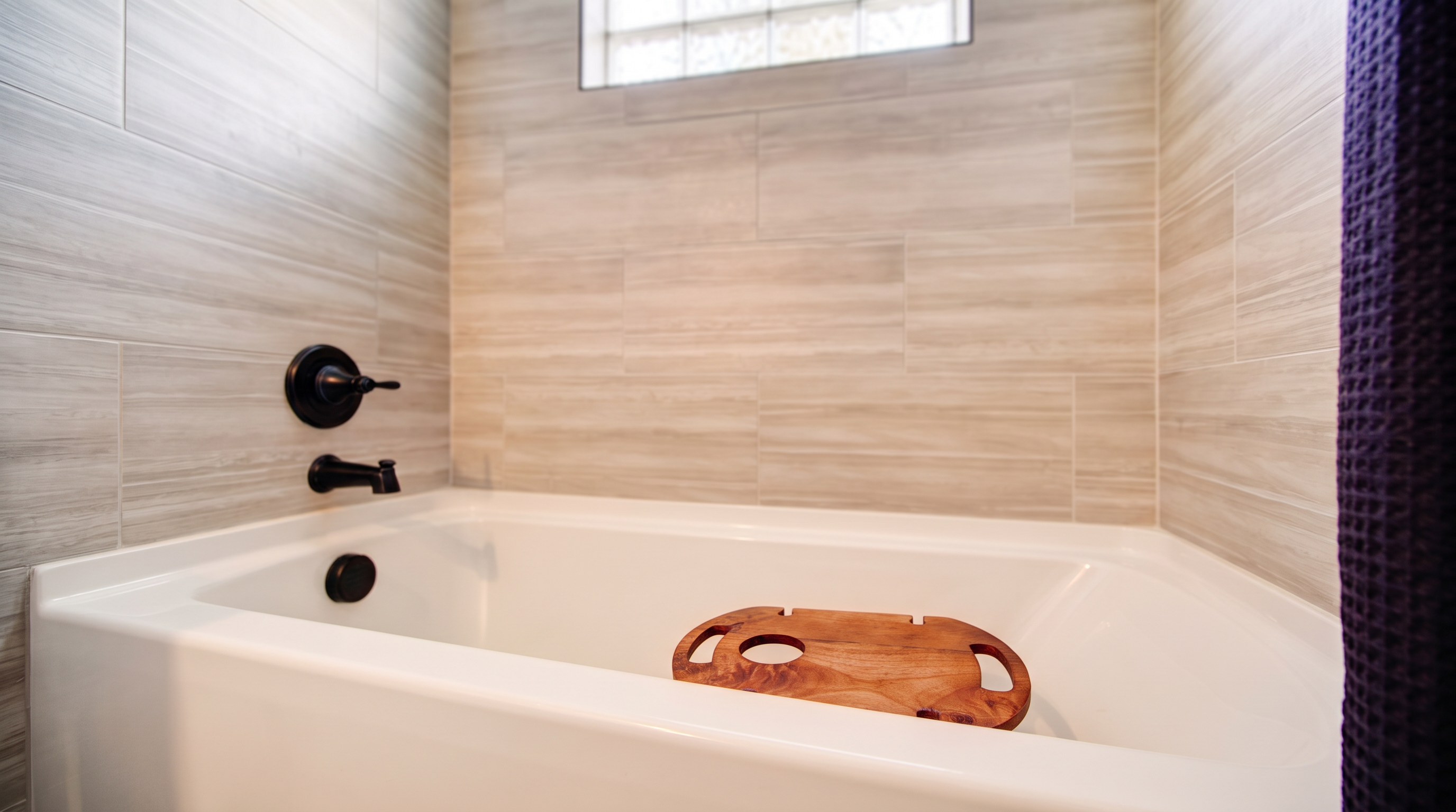 This bathroom features a clean, modern aesthetic with neutral wood-look tile walls and a crisp white soaking tub. The space is accented by matte black fixtures, including a stylish faucet and shower handle, and includes a wooden bathtub tray for added luxury. A small glass block window provides privacy while allowing soft, natural light into the area.