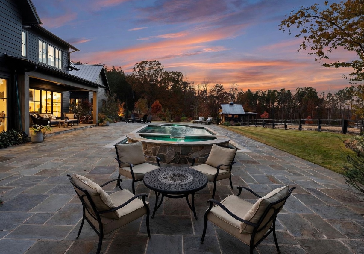 This expansive stone patio features a central fire pit seating area and a custom-built stone spa overlooking a sprawling lawn and wooded landscape. The scene is captured at dusk, with the warm glow of the home's interior lighting contrasting against a vibrant sunset sky. A covered porch area provides additional outdoor living space, creating a sophisticated and inviting atmosphere for evening relaxation.