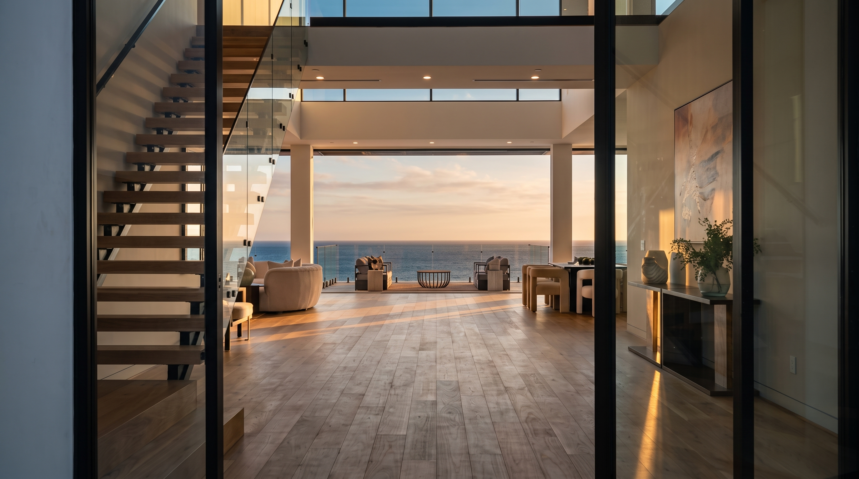 This expansive, open-concept living area features light wood flooring and a dramatic, double-height ceiling that emphasizes the home's airy, modern aesthetic. A floating staircase with glass railings leads to the upper level, while massive, floor-to-ceiling glass walls slide open to reveal an unobstructed, panoramic view of the ocean. The perspective is captured from an entryway looking through the main living space toward the horizon, creating a seamless transition between the interior and the coastal landscape.