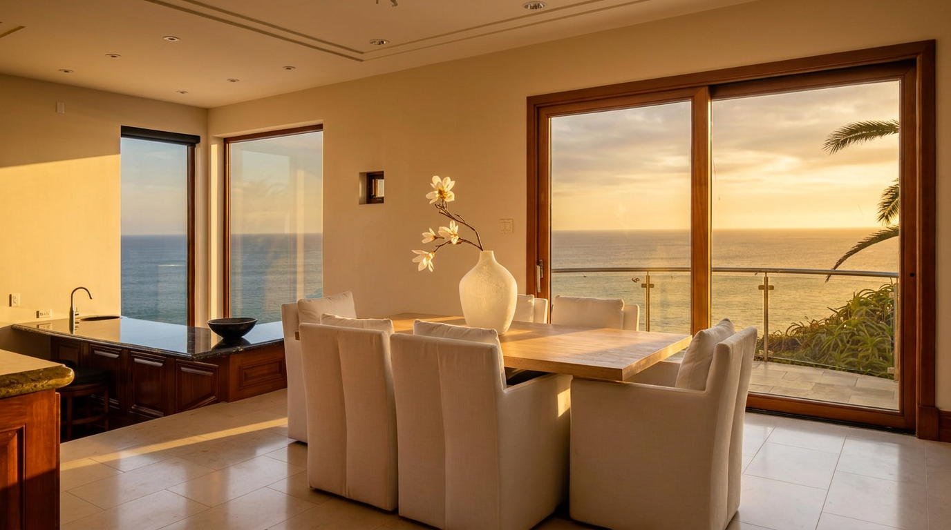 This bright dining area features a light wood table surrounded by six white upholstered chairs, centered in front of expansive glass sliding doors that offer a panoramic ocean view. To the left, a dark stone-topped wet bar with cabinetry provides a sophisticated transition between the dining space and the kitchen. The room is finished with neutral tile flooring and recessed lighting, creating an airy and elegant atmosphere perfect for coastal living.
