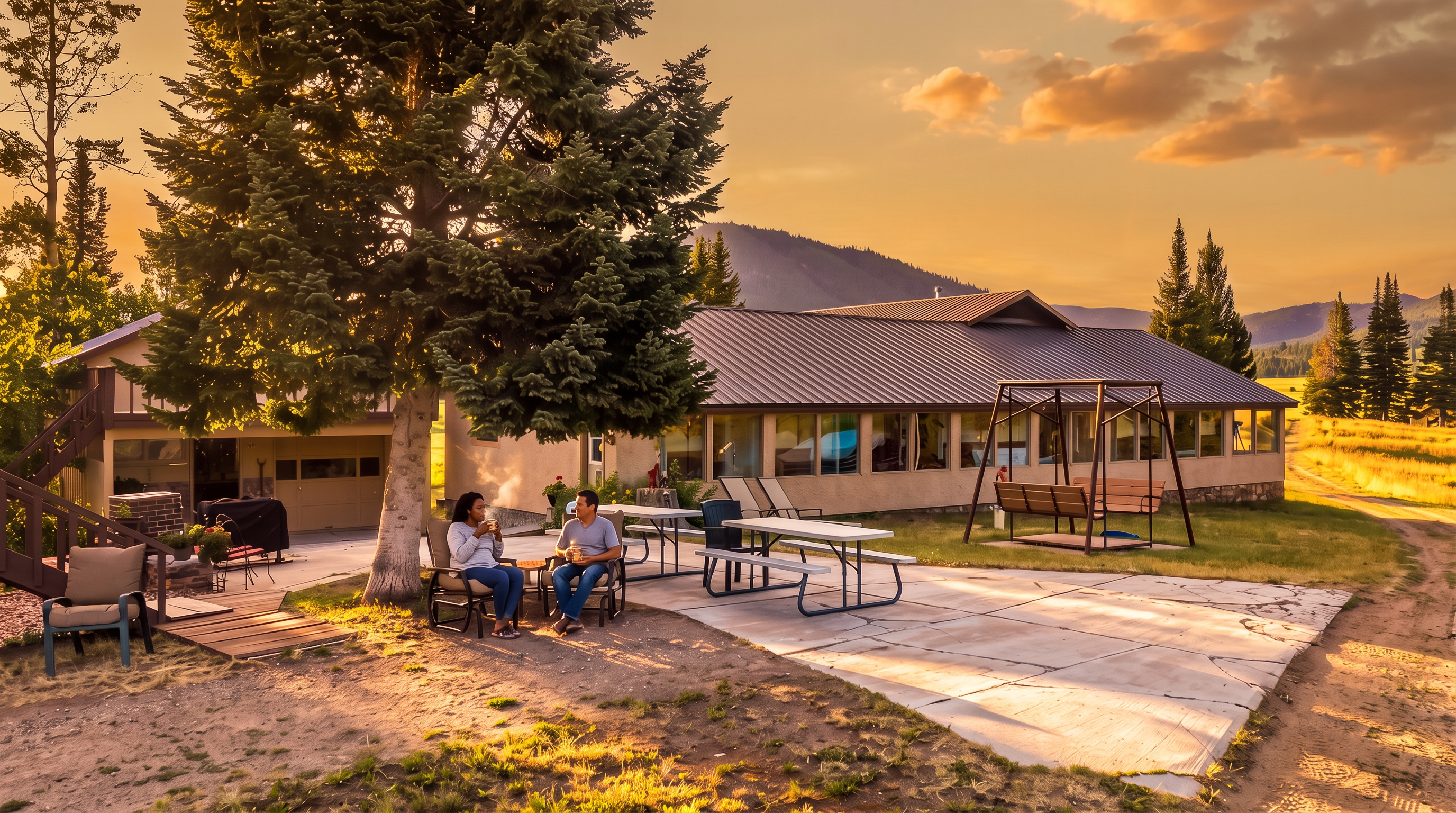 This image showcases the rear exterior of a single-story home nestled in a picturesque, rural mountain setting. The property features an extensive stone patio, a large shaded sitting area under a mature tree, and a hanging swing, creating an inviting outdoor living space. The vast surrounding landscape, dramatic sunset sky, and proximity to nature highlight the home's potential as a serene and spacious retreat.