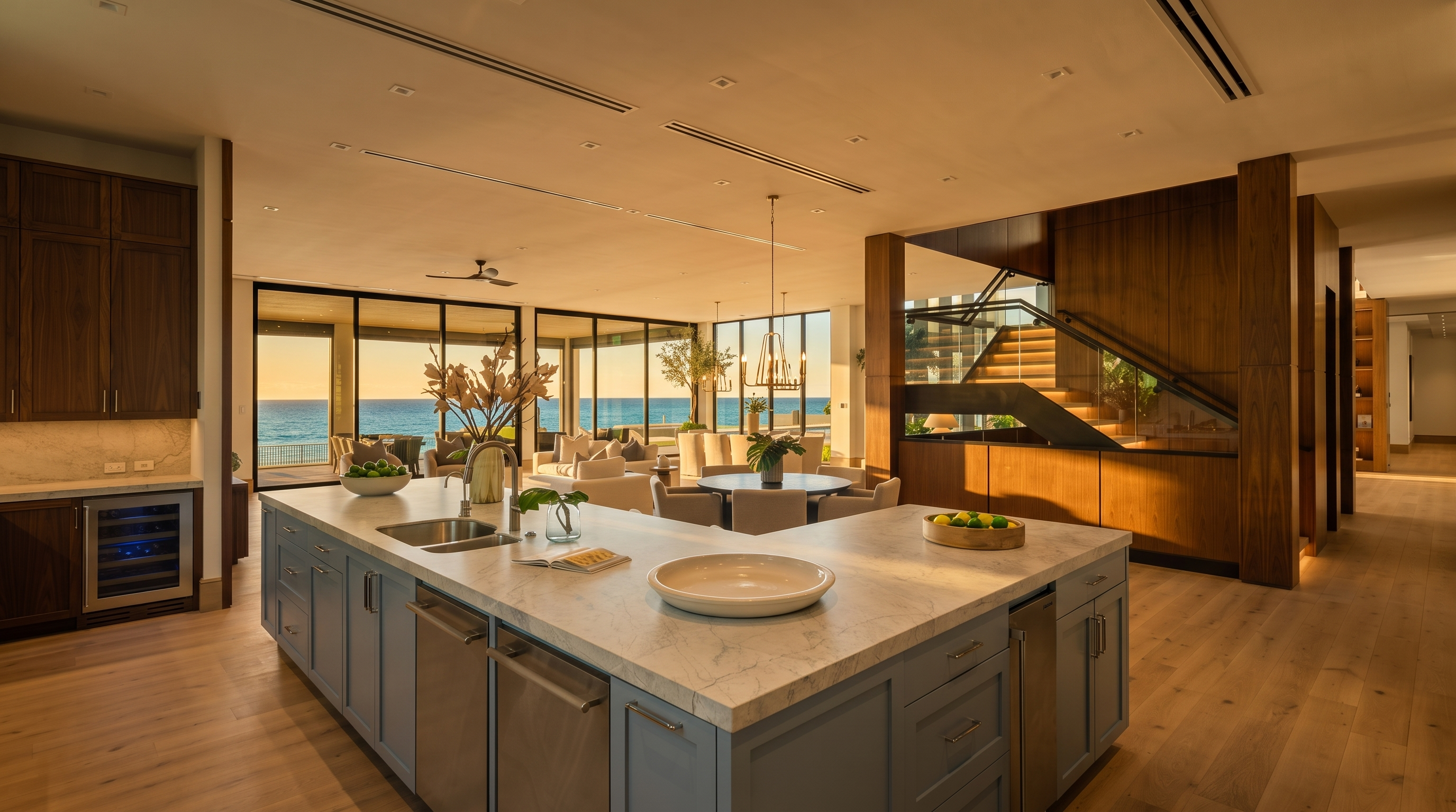 This expansive, open-concept kitchen features a large central island with a light-toned stone countertop and soft blue cabinetry. The space flows seamlessly into a dining and living area, framed by expansive glass walls that provide a panoramic view of the ocean. A striking wooden staircase with a glass railing adds a modern architectural element to the side of the room, while recessed lighting and a minimalist pendant fixture illuminate the bright, airy interior.