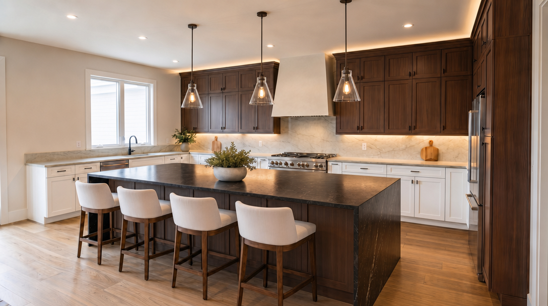 This modern kitchen features a striking contrast between white lower cabinetry and rich, dark wood upper cabinets, complemented by a large central island with a dark stone-look countertop and four upholstered bar stools. A prominent range hood, high-end stainless steel range, and elegant pendant lighting add a sophisticated, upscale touch to the space. The light-toned wood flooring and marble-style backsplash unify the design, creating a clean, high-end aesthetic perfect for contemporary living.
