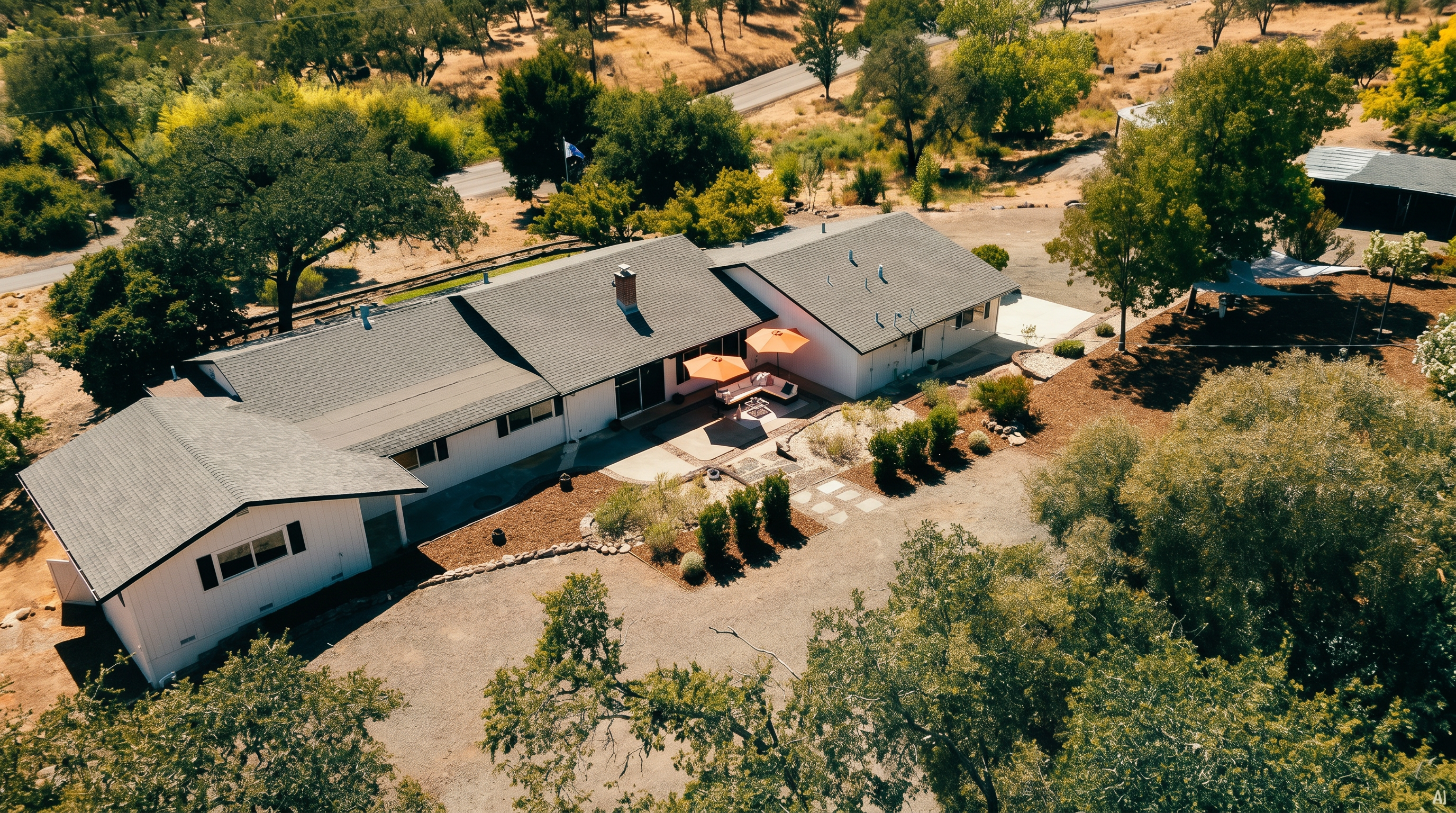 This high-angle aerial view captures a sprawling, single-story ranch-style home nestled within a wooded, rural landscape. The property features a light-colored exterior with a dark shingled roof, a central patio area with outdoor seating and umbrellas, and a large gravel driveway. The surrounding grounds are characterized by mature oak trees, dry grassy terrain, and a quiet road winding through the background.