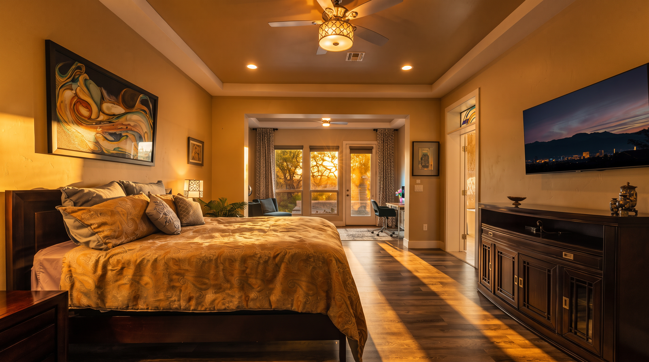 This spacious primary bedroom features wood-look plank flooring, a large king-sized bed with patterned bedding, and a dramatic abstract painting on the wall. A dedicated seating area is located past the bed, featuring large windows and a glass door that lead to the exterior, while a dark wood entertainment console sits opposite the bed under a mounted television.