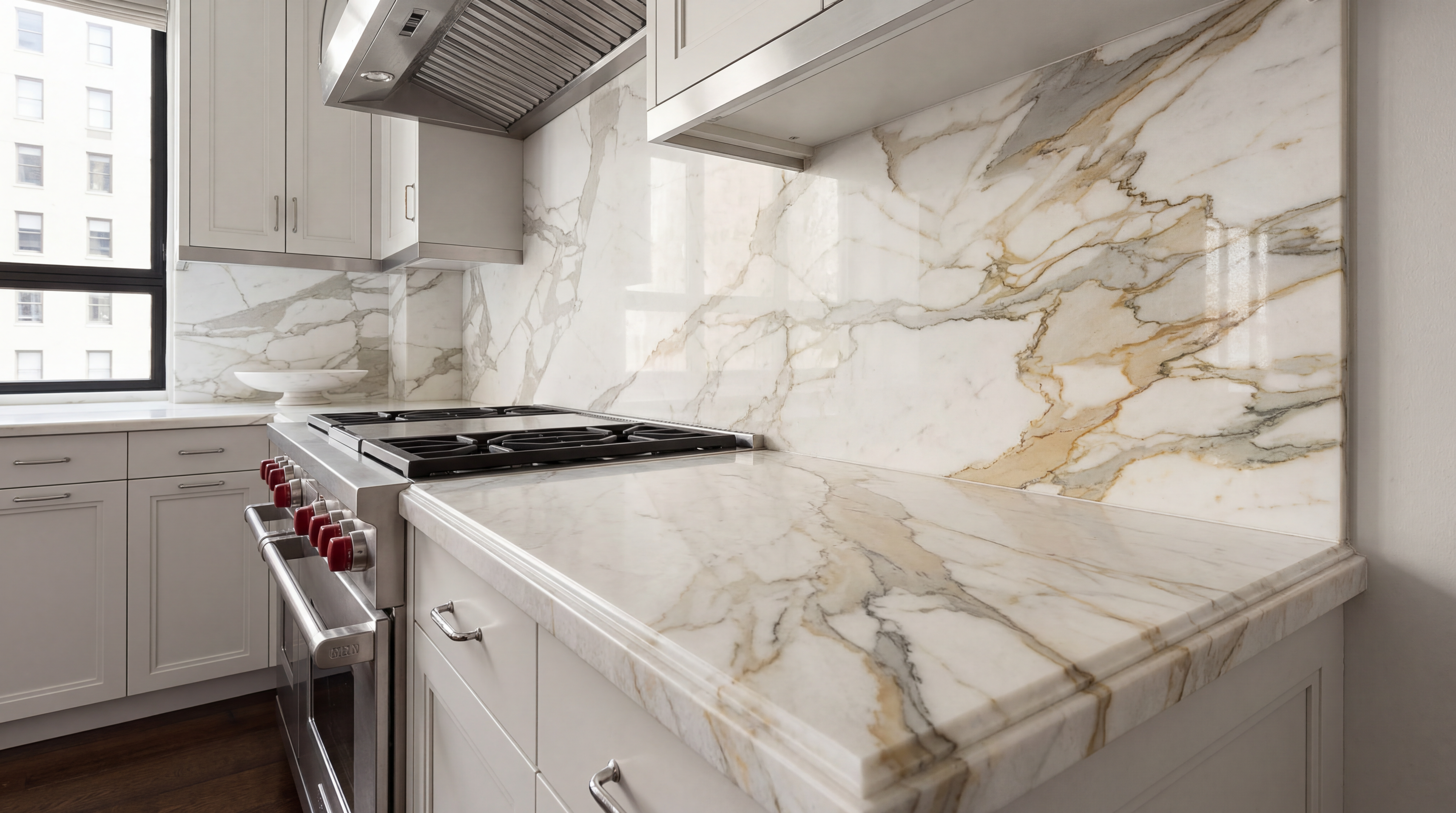 This sleek and sophisticated kitchen features elegant white marble countertops that extend into a matching luxurious backsplash. The space is equipped with professional-grade stainless steel appliances, including a range with prominent red-accented knobs, and clean-lined white cabinetry that provides a bright and airy atmosphere. The high-end finishes and seamless design create a polished, modern aesthetic perfect for a luxury home listing.