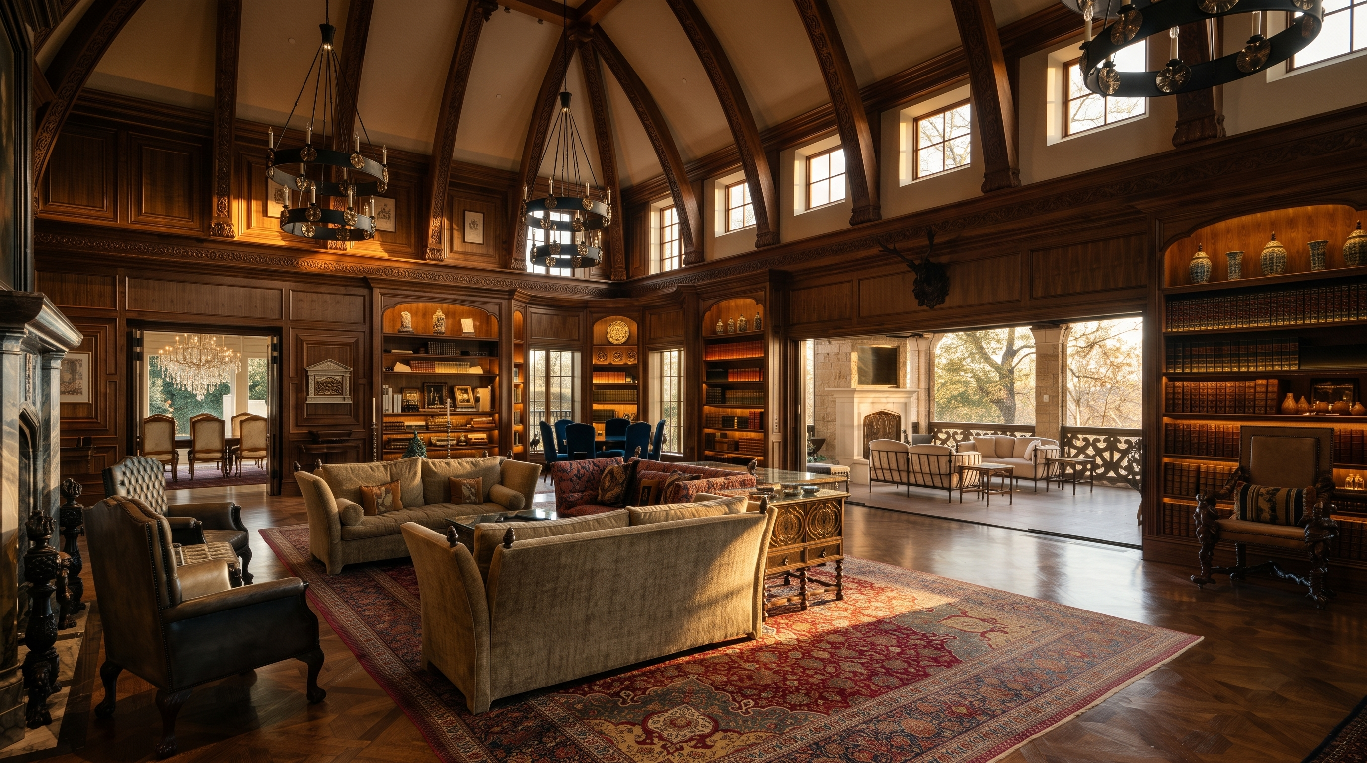 This expansive, grand living room features rich wood-paneled walls, a vaulted ceiling with exposed timber beams, and multiple ornate chandeliers. The space is anchored by a large, intricate patterned rug and includes several seating areas with plush sofas and leather armchairs. A wide opening leads to an outdoor covered patio, creating a seamless transition between the luxurious interior and the exterior landscape.