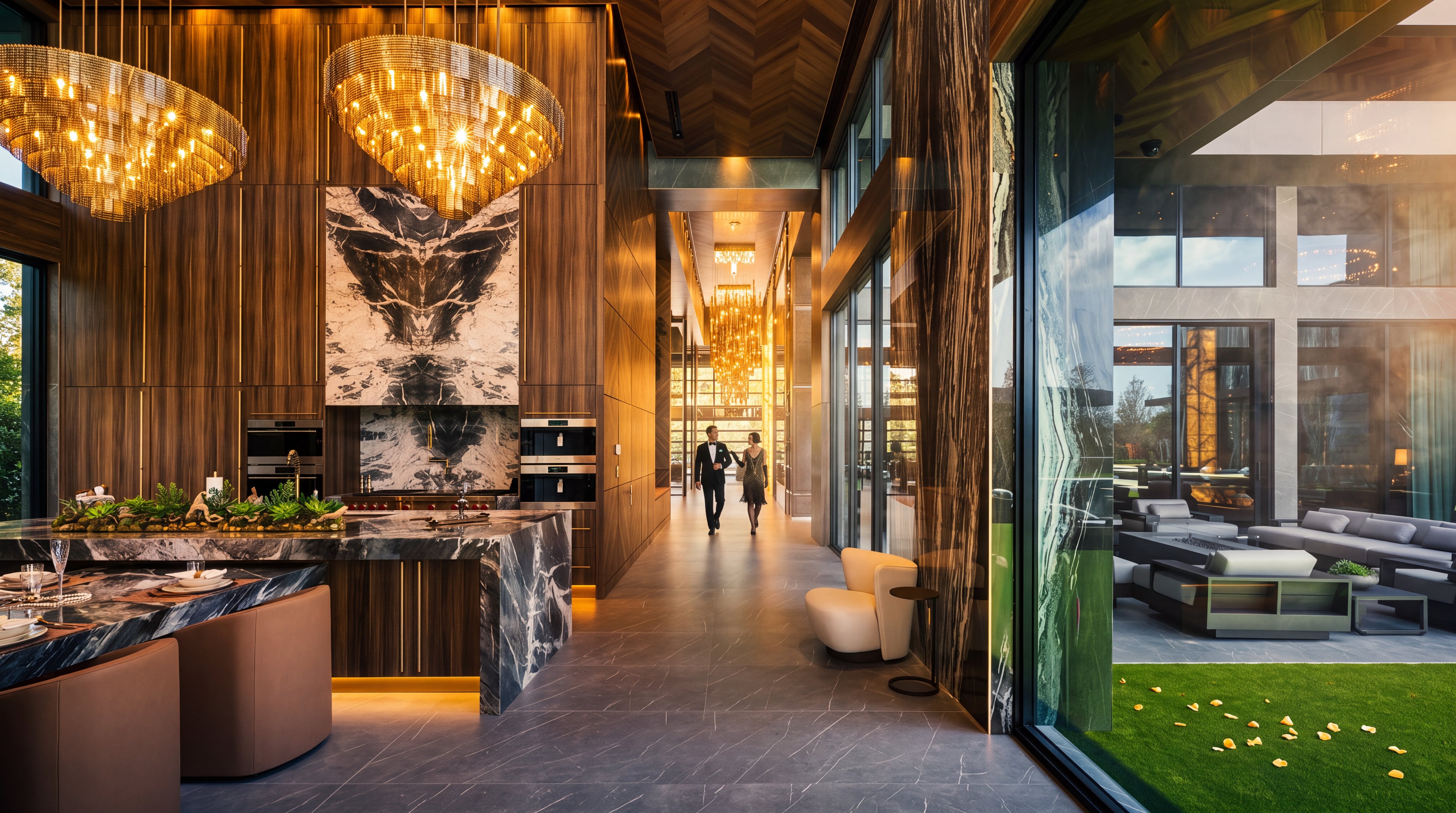 This expansive, high-end kitchen features a large stone-topped island and a prominent, full-height stone-clad chimney breast above the cooking area. The space is defined by warm wood paneling, dramatic gold-toned chandeliers, and a long hallway leading to a secondary living area. Large glass panels provide a seamless transition to an outdoor patio, creating an open and luxurious atmosphere.