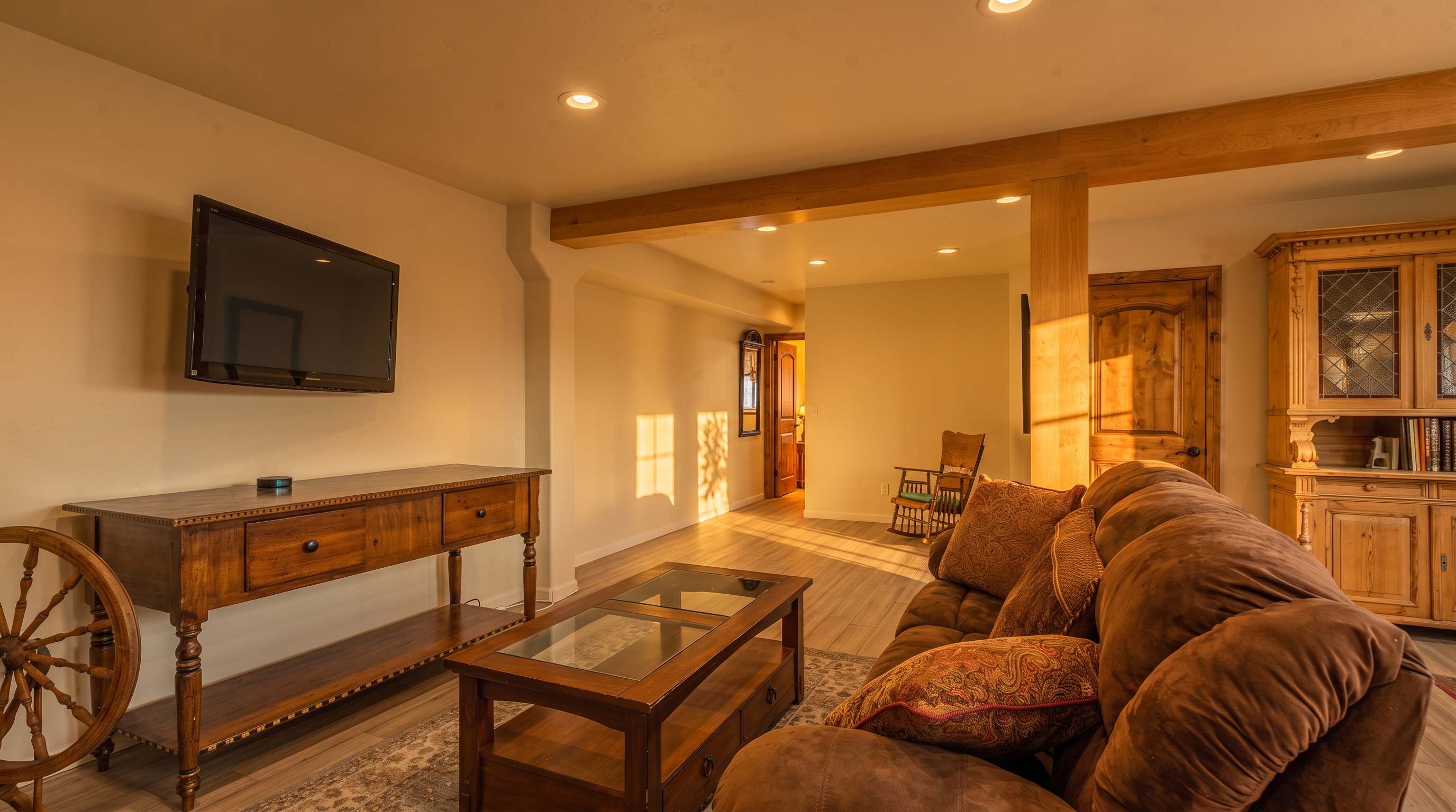This cozy basement living area features warm wood tones, including functional built-in wooden cabinetry and structural support beams that add rustic character. The space is comfortably furnished with a plush brown sofa, an antique spinning wheel, and a wooden coffee table, all set against neutral walls and wood-patterned flooring. The layout feels inviting and well-organized, creating a functional multipurpose space perfect for relaxation.
