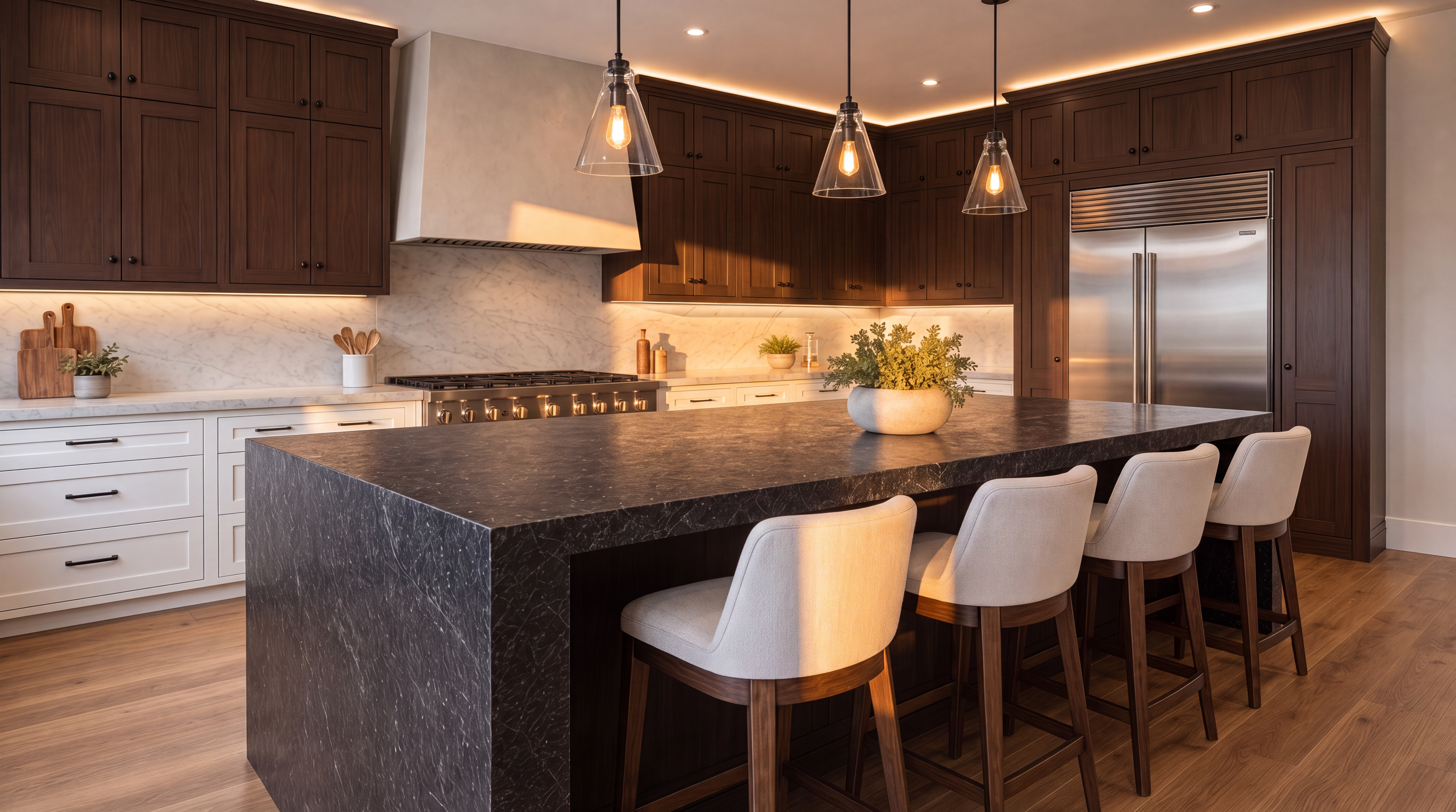 This sophisticated, high-end kitchen features a rich contrast between dark wood upper cabinetry and clean white lower cabinets beneath a white marble backsplash. The centerpiece is a substantial dark stone-topped island with seating for four, illuminated by modern pendant lighting and warm under-cabinet mood lighting. The space is equipped with professional-grade stainless steel appliances and accented with sleek hardware, creating a luxurious and functional culinary environment.
