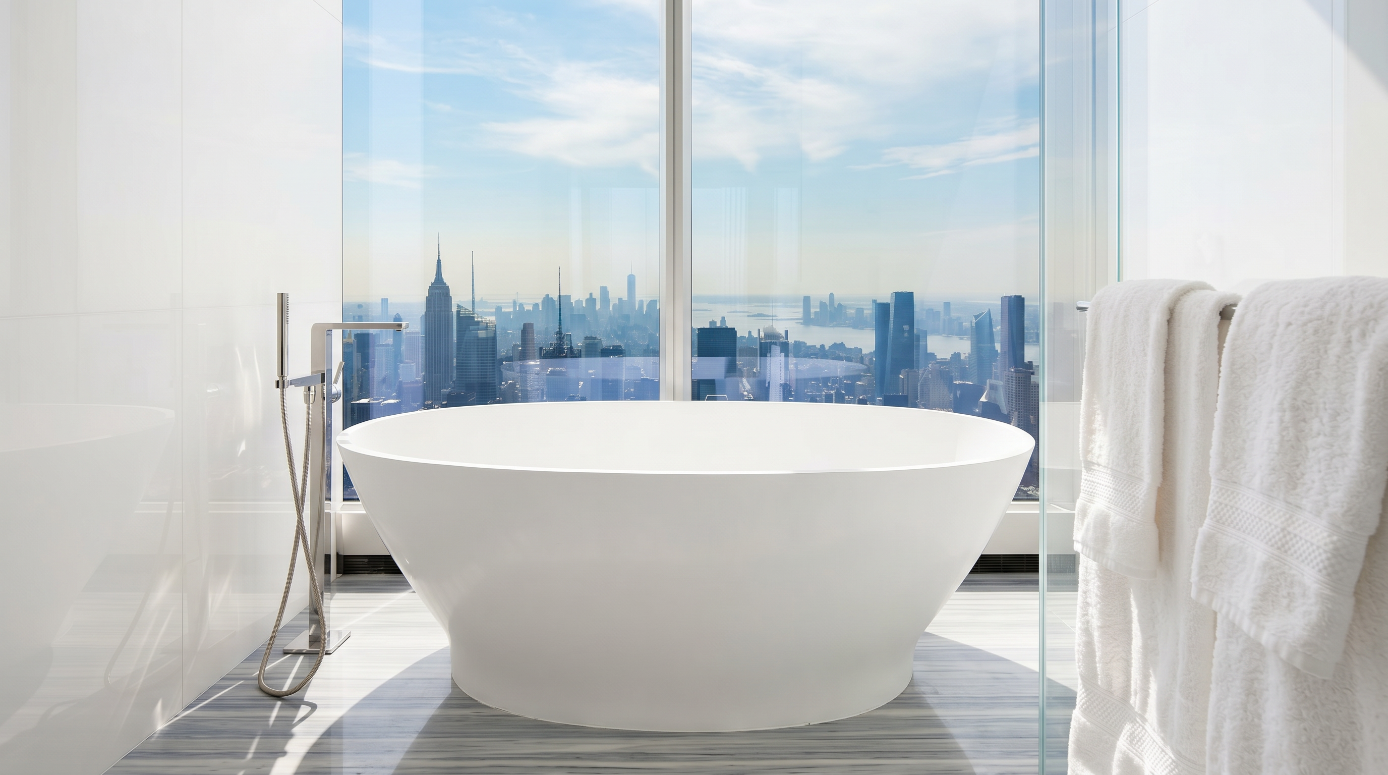 This luxurious primary bathroom features a minimalist, freestanding white soaking tub positioned directly in front of expansive floor-to-ceiling windows that offer a dramatic, panoramic view of the New York City skyline. The space is finished with light-toned, linear-patterned stone flooring and clean white walls, creating a bright and serene atmosphere. A glass-enclosed shower area and a towel rack with plush white towels complete the sophisticated, high-rise aesthetic.