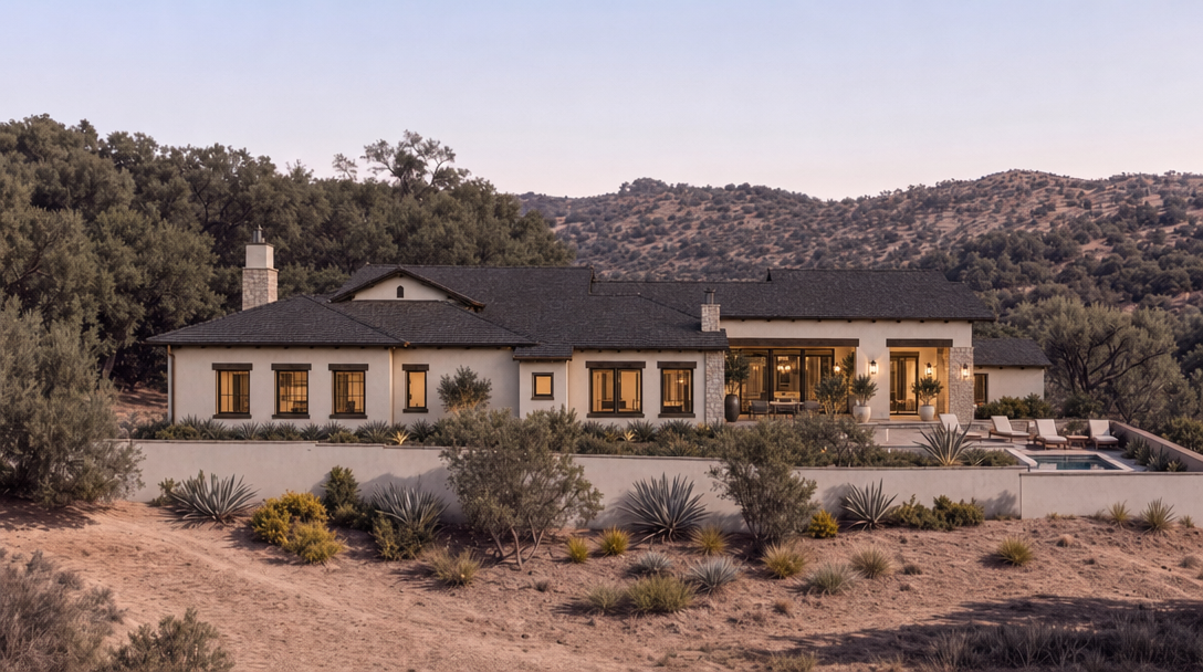 This stunning estate showcases a sophisticated blend of Mediterranean and modern design, featuring a light-colored stucco exterior, natural stone accents, and a dark shingle roof. The rear of the house opens onto a spacious patio area complete with a swimming pool and elegant landscaping, seamlessly integrating with the surrounding hilly terrain. Its expansive layout and refined architectural details make it an impressive example of high-end desert living.