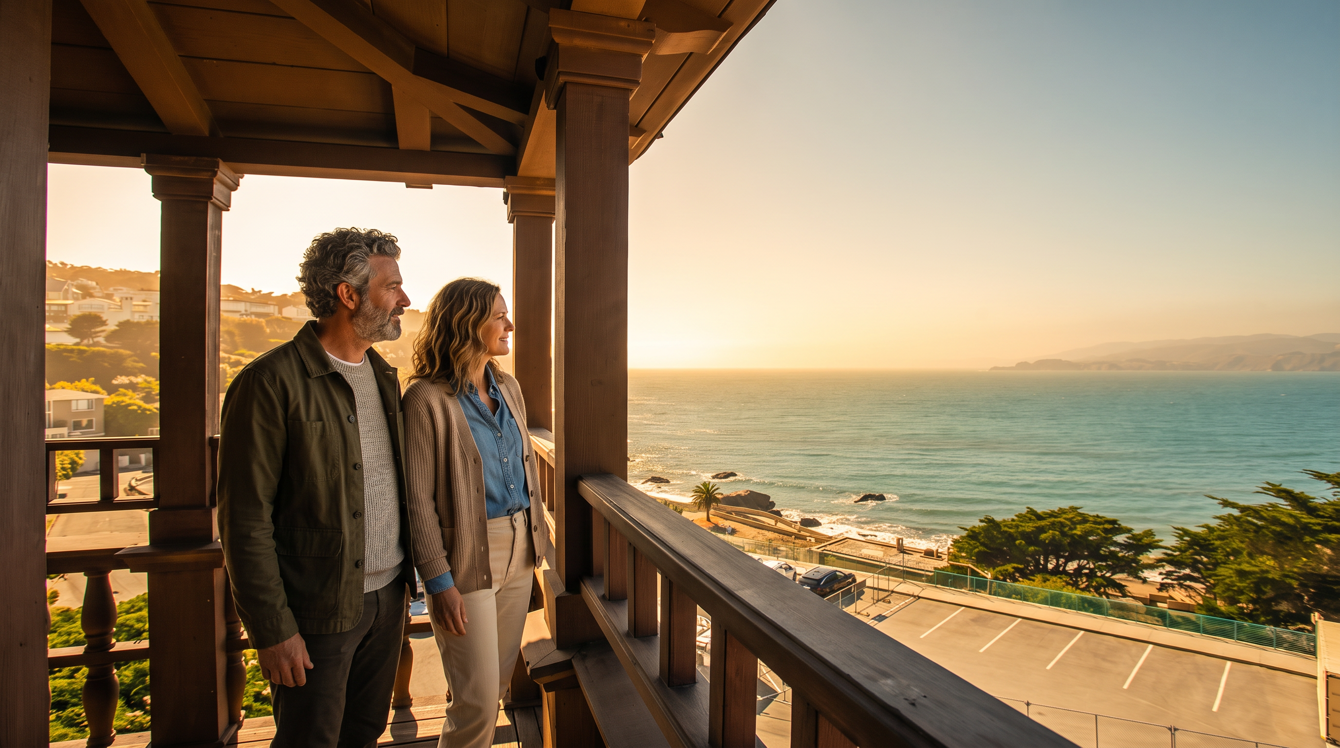 This image captures a scenic view from a wooden balcony, featuring a classic railing and support posts that frame a breathtaking coastal panorama. Below the balcony, a parking area sits adjacent to a rocky shoreline and the expansive blue ocean, with hills dotted with houses visible in the distance. The perspective is elevated and open, emphasizing the property's prime location and connection to the natural landscape.