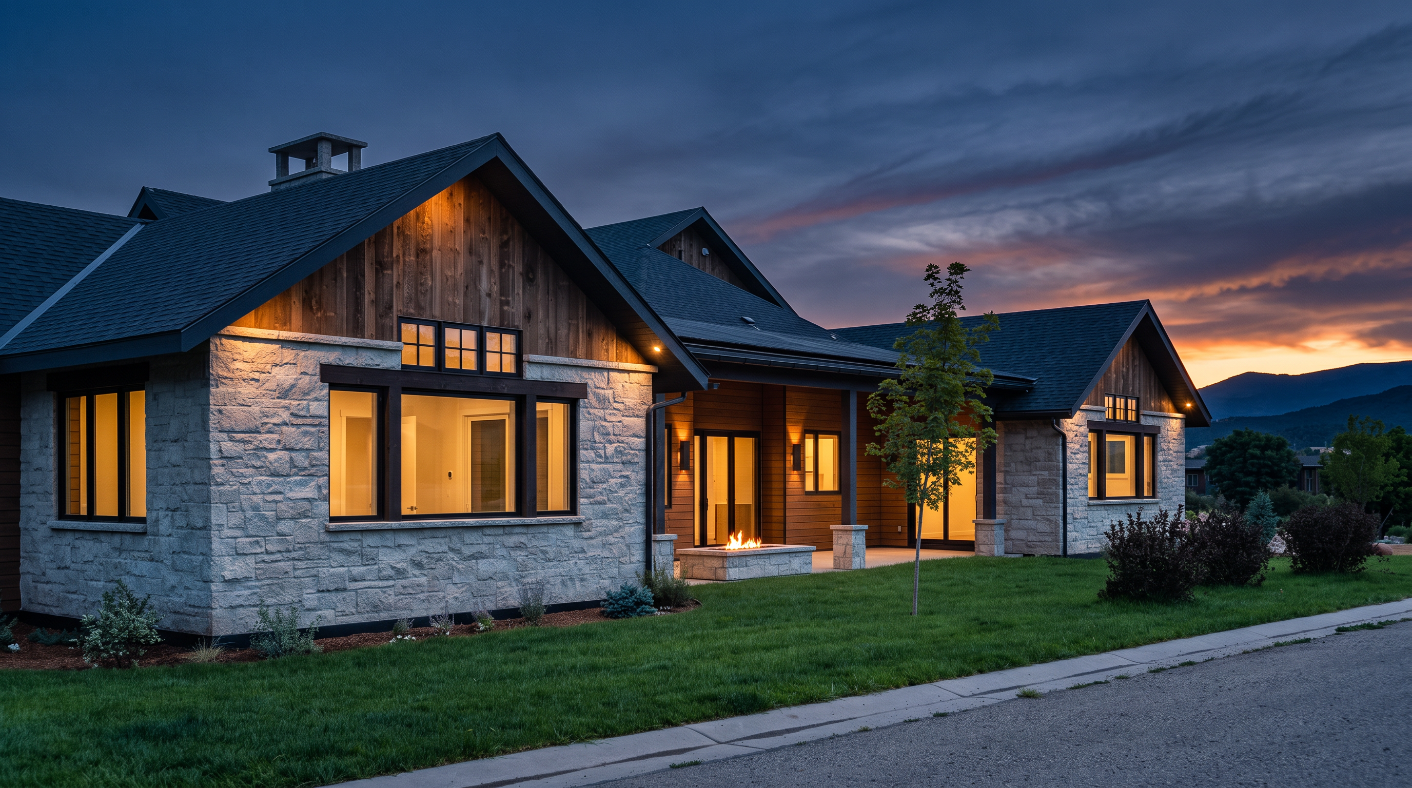 This modern farmhouse-style home features a beautiful combination of light stone masonry, vertical wood siding, and dark-framed windows. The exterior includes a covered patio area with an integrated fire feature, set against a backdrop of lush green landscaping and rolling mountains. The clean architectural lines and natural materials provide a sophisticated, high-end curb appeal.