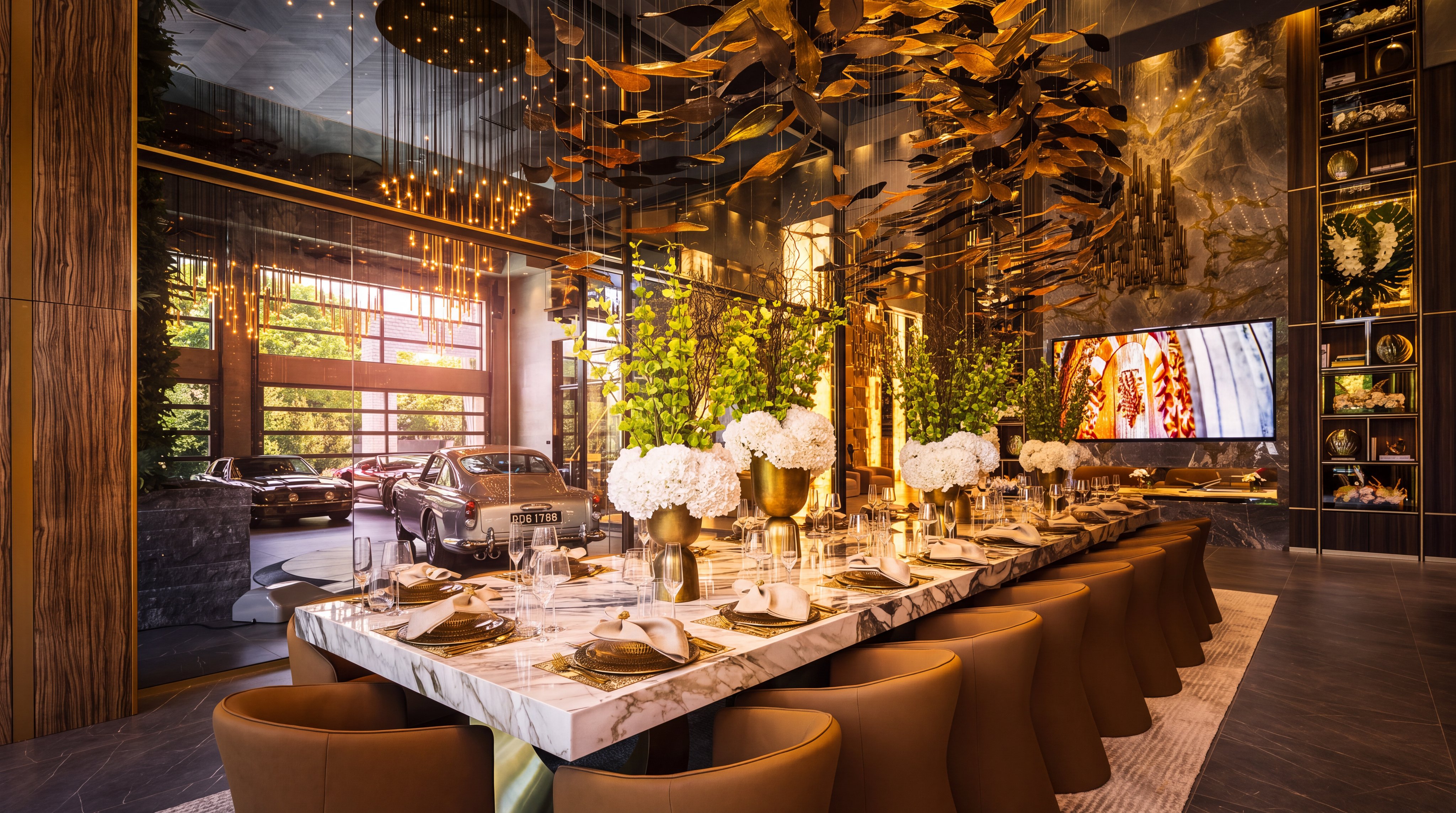 This opulent dining room features a long, stone-topped table surrounded by curved, tan upholstered chairs, set beneath a dramatic, sculptural gold-leaf chandelier. The space is defined by its seamless integration with a glass-walled garage, showcasing classic cars, and a wall of marble-patterned stone behind a large television. The room is accented by tall, illuminated shelving units and large floral centerpieces, creating a sophisticated and high-end atmosphere.