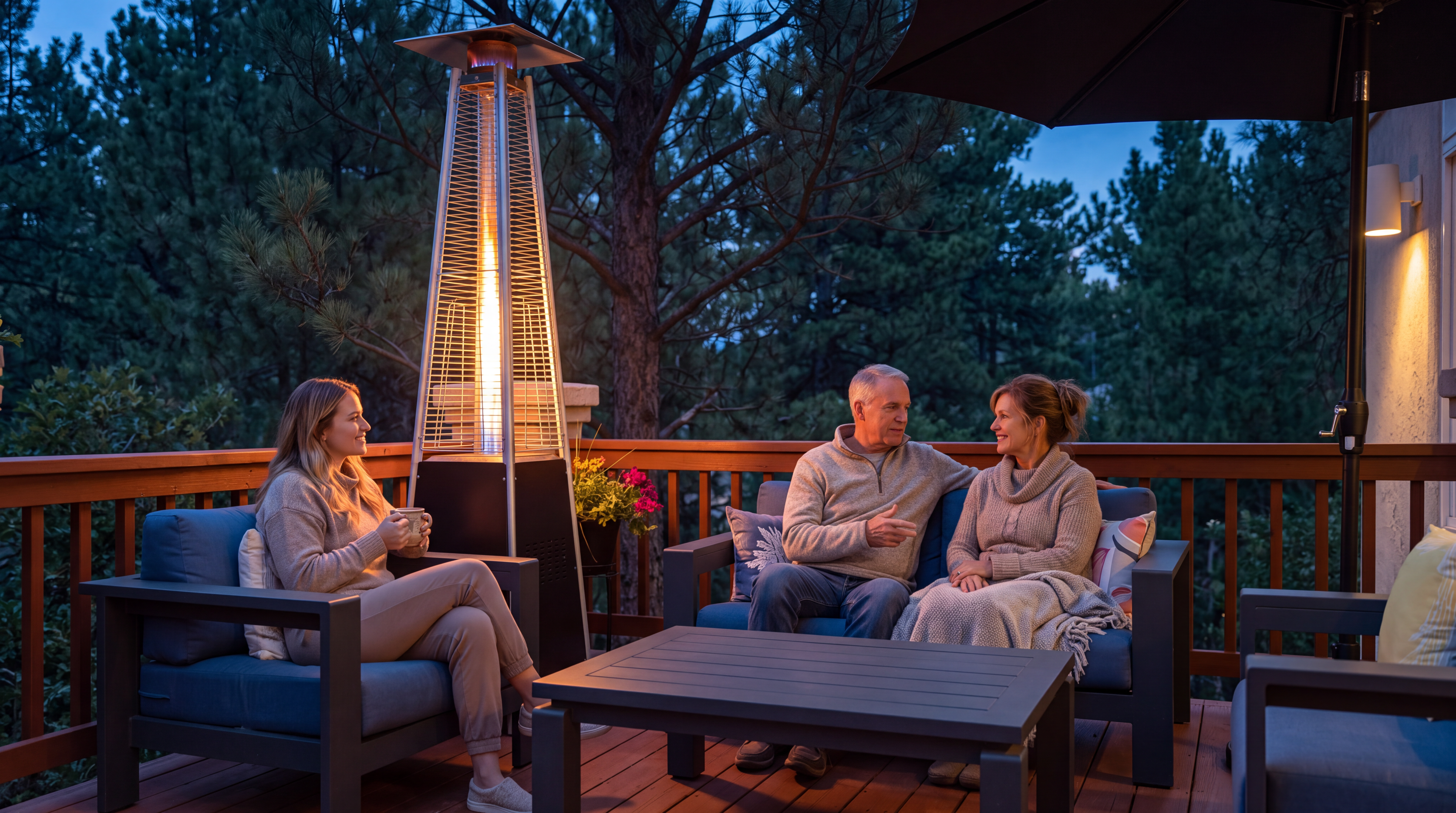 This cozy outdoor deck space features comfortable lounge seating, a modern tower-style patio heater, and a coffee table, perfect for evening gatherings. Surrounded by lush, mature pine trees, the wooden deck offers a private and tranquil atmosphere ideal for relaxation. The warm lighting and inviting furniture arrangement make it an appealing feature for potential homebuyers looking for quality outdoor living space.
