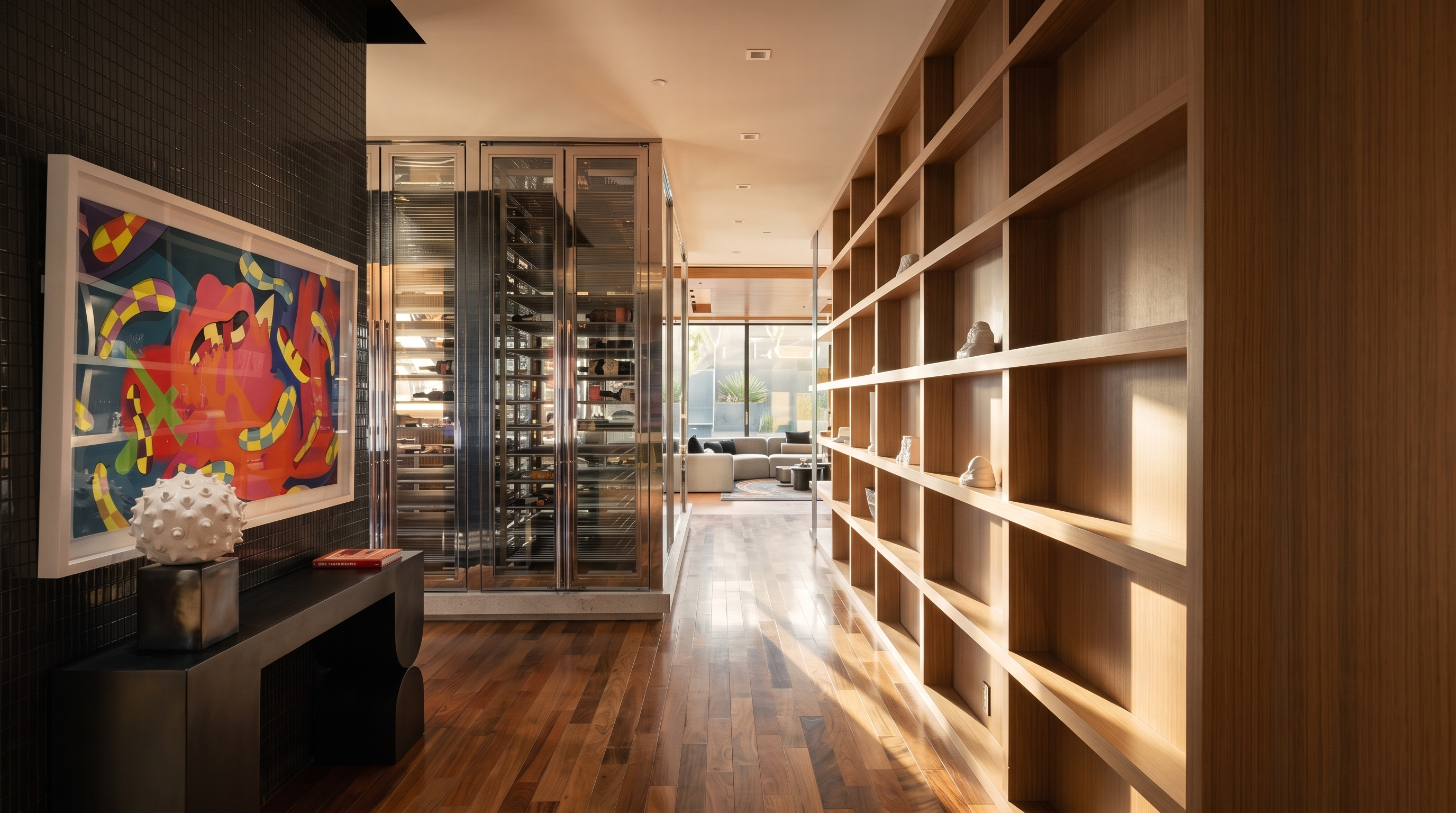 This sophisticated hallway features rich wood flooring and a prominent wall of custom light-wood shelving on the right. To the left, a striking piece of colorful modern art hangs above a dark console table, adjacent to a glass-enclosed wine storage area. The perspective leads the eye through the corridor toward a bright, open living space in the background, creating a sense of depth and luxury.