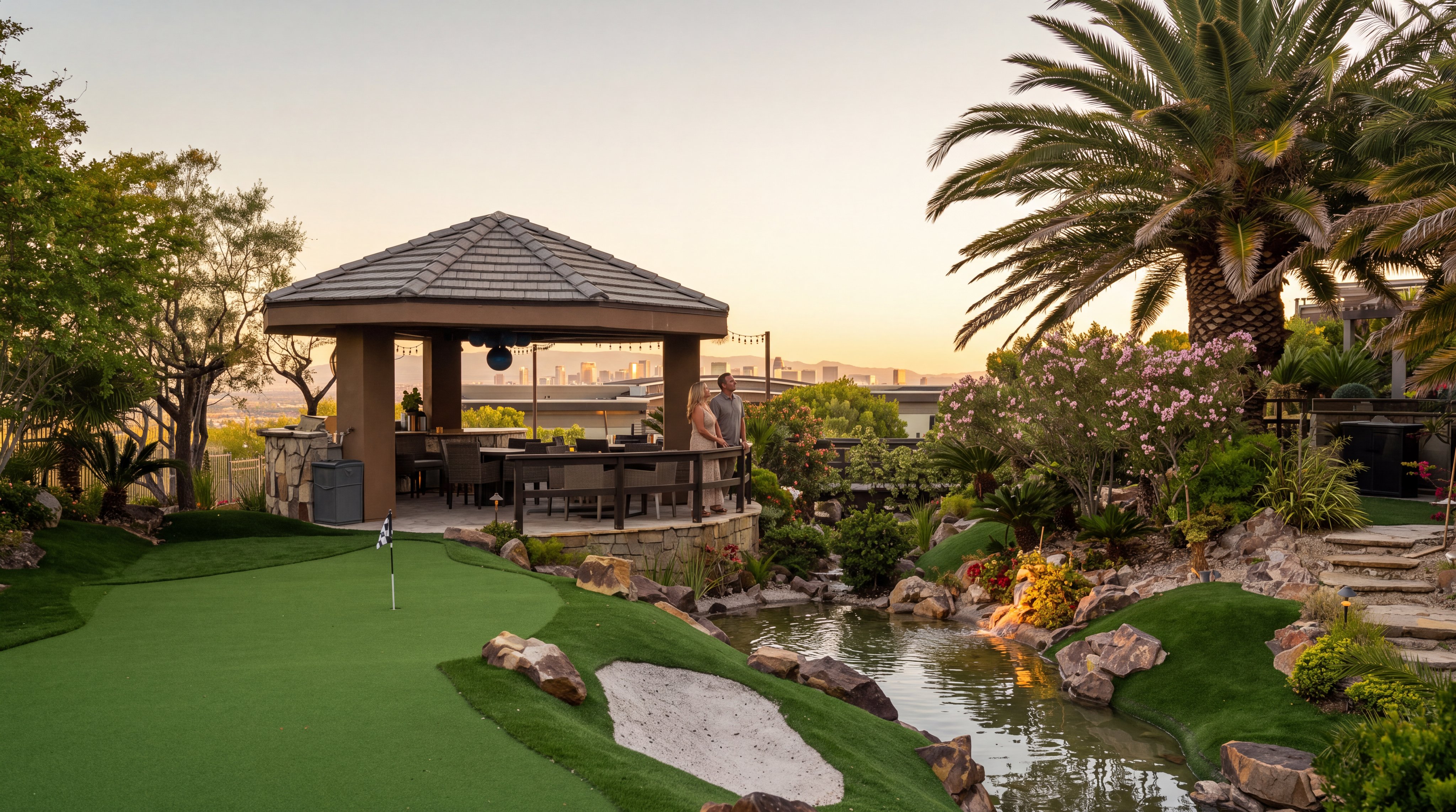 This stunning backyard features a meticulously landscaped putting green, a tranquil pond, and a custom-built, covered bar area perfect for entertaining. The setting offers breathtaking, elevated views of the city skyline at sunset, combining luxury resort-style living with a serene outdoor oasis. High-end hardscaping and lush vegetation enhance the property's overall sophisticated and inviting atmosphere.