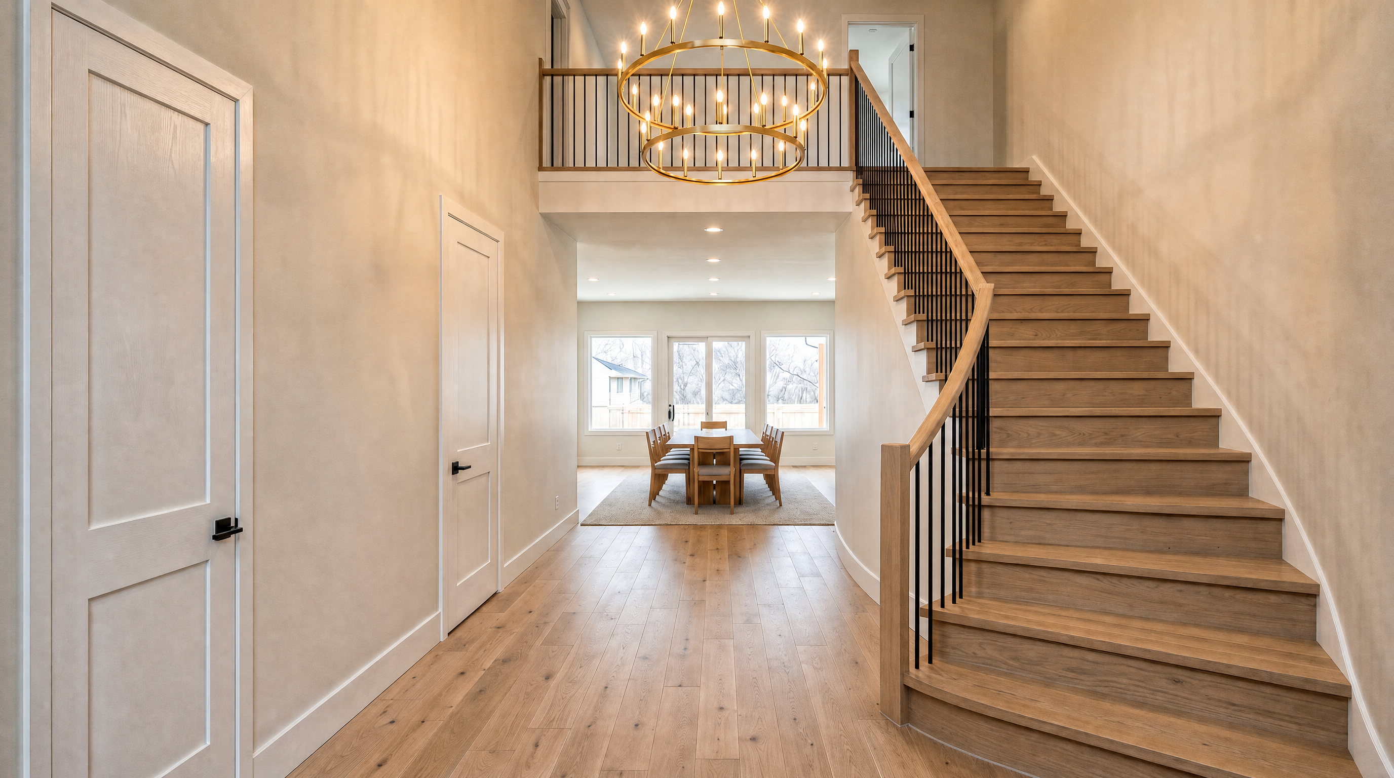 This grand entryway features a stunning wooden staircase with a sleek black metal railing that leads up to a balcony overlook. The spacious hallway is defined by light-toned hardwood flooring and neutral walls, flowing seamlessly into an elegant dining area illuminated by a large, ornate gold chandelier. It offers a bright, open-concept feel that showcases sophisticated design and craftsmanship.