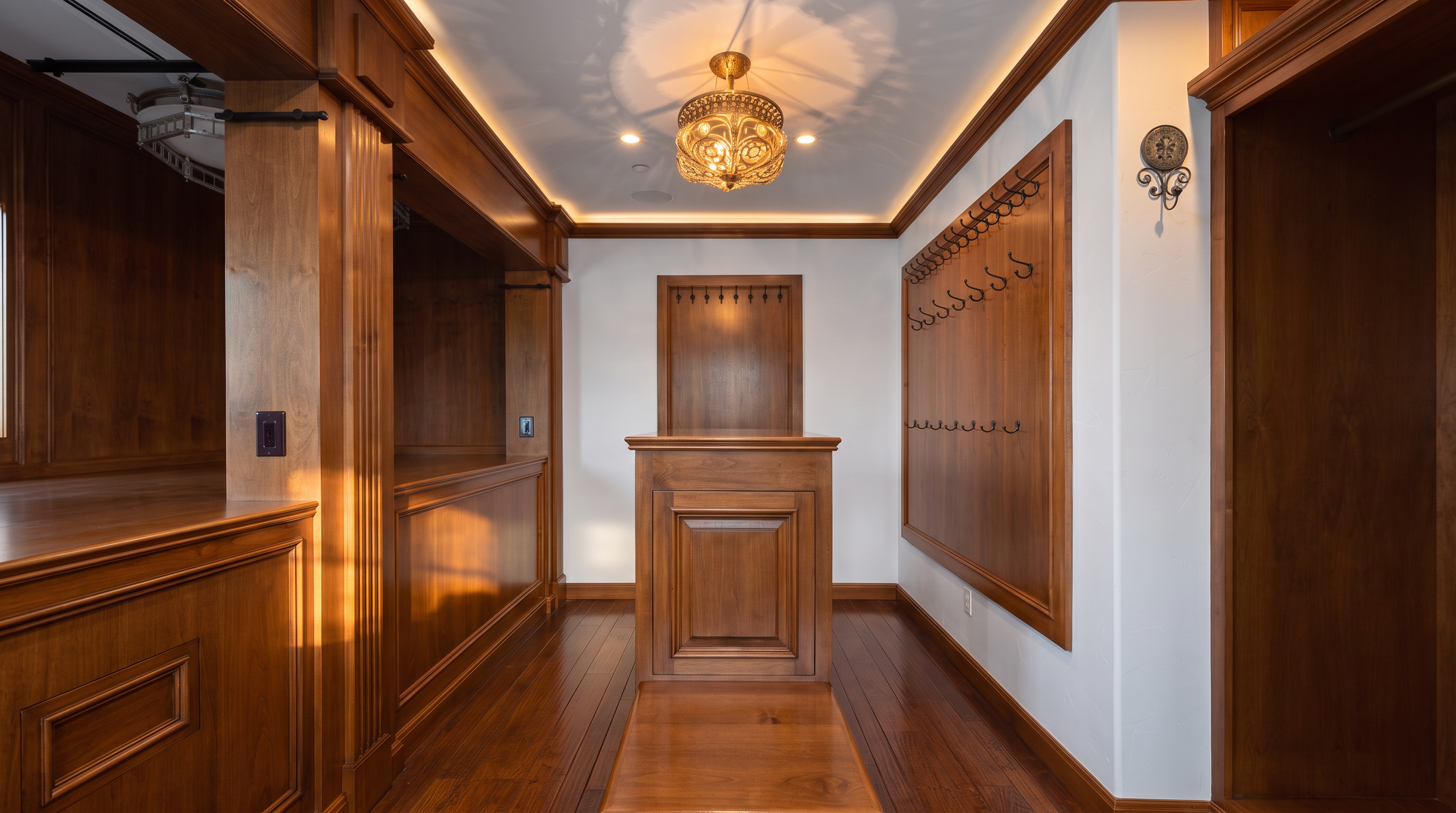 This elegant walk-in closet features rich wood paneling, custom cabinetry, and a central island with a built-in bench. The space is illuminated by a decorative chandelier, while wall-mounted hooks provide organized storage for garments. The warm wood tones and polished hardwood flooring create a sophisticated and organized atmosphere.