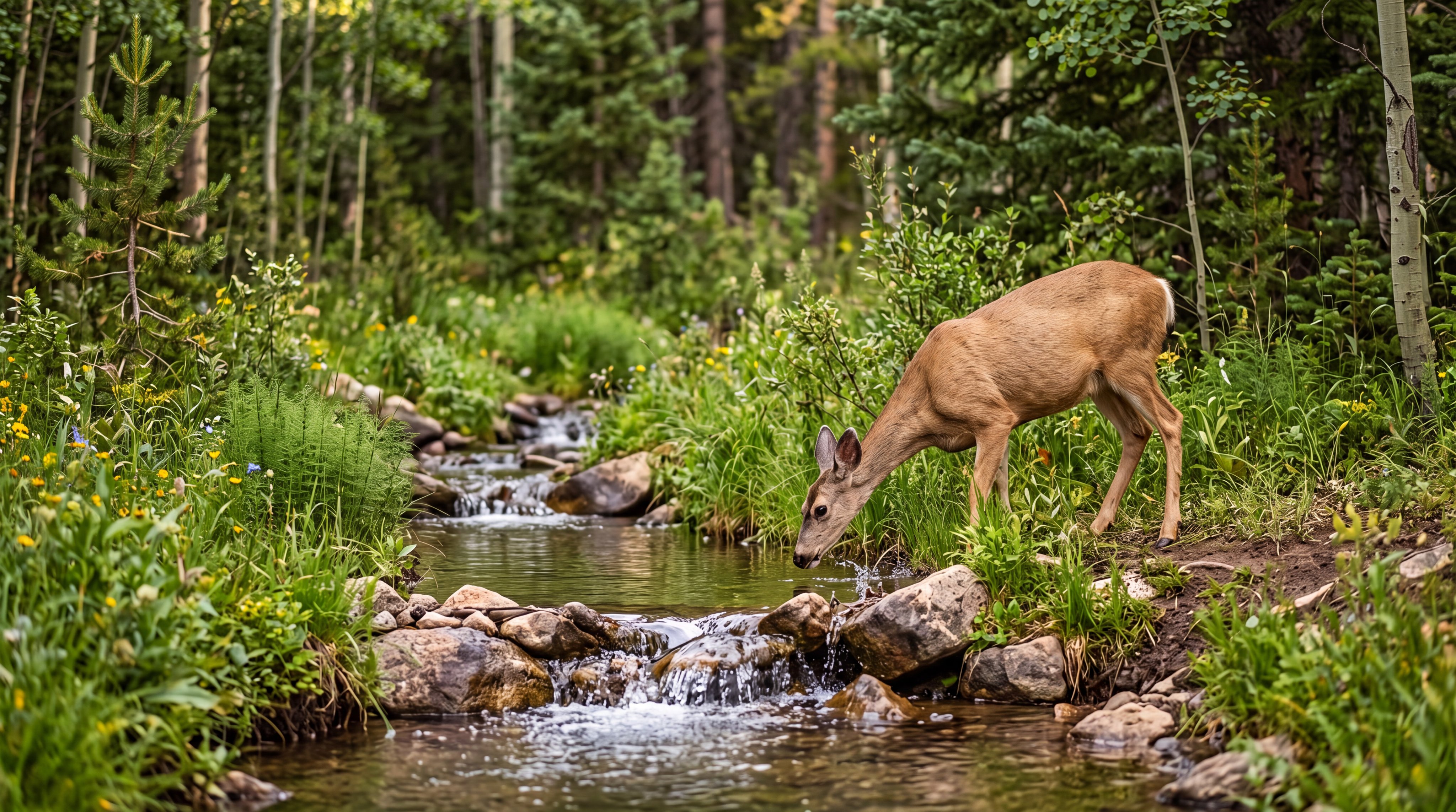 The image captures a scenic, natural landscape featuring a deer drinking from a gentle forest stream surrounded by lush vegetation and wildflowers. This serene, woodland setting highlights the natural beauty and tranquility of an undeveloped environment, suggesting a location with significant natural appeal.
