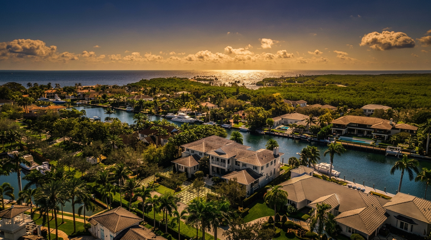 This high-angle aerial view captures a luxurious waterfront residential neighborhood characterized by expansive estates, manicured lawns, and private boat docks along a winding canal. The scene showcases a lush, tropical landscape with mature palm trees and dense greenery, leading out to a vast, sparkling bay under a clear blue sky. The perspective emphasizes the prestigious coastal lifestyle and the seamless integration of high-end architecture with the natural environment.