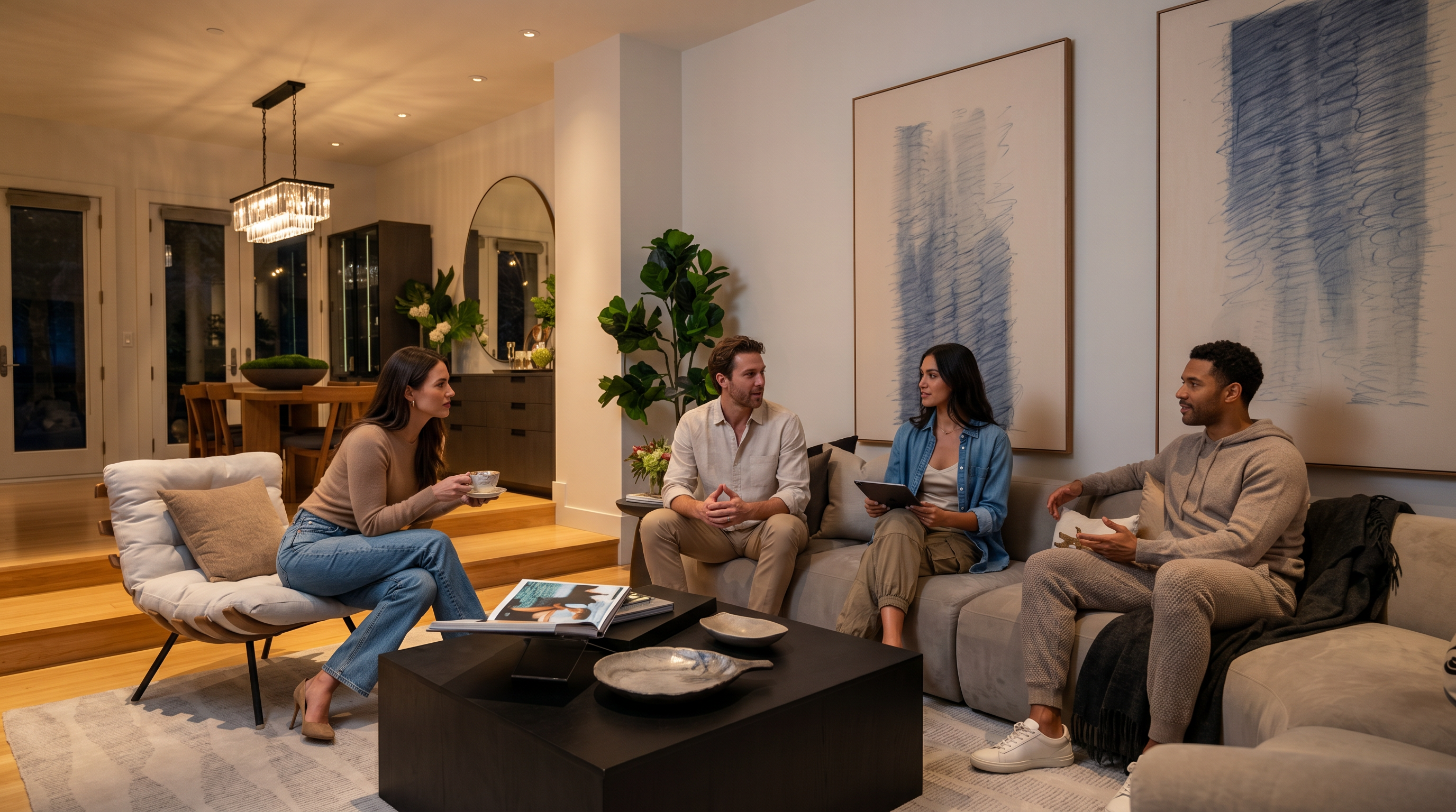 This sophisticated living room features a large, neutral-toned sectional sofa arranged around a sleek black coffee table, set atop a textured area rug. The space is accented by two large, abstract art pieces on the wall and a tall floor lamp, creating a refined and contemporary atmosphere. A step-up transition leads to an adjacent dining area, providing an open-concept flow that is ideal for entertaining.