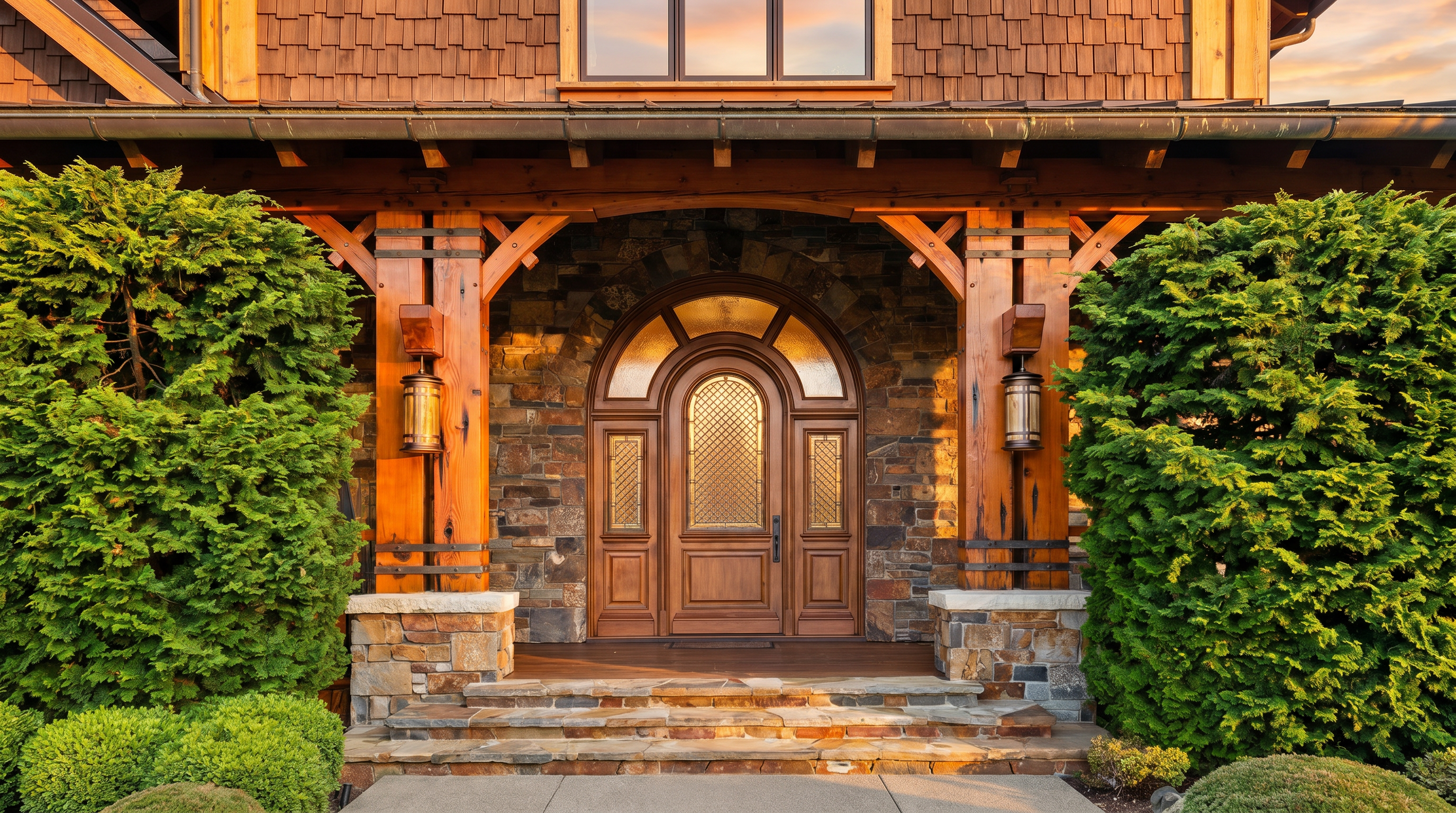 This grand entryway features a heavy, arched wooden door with decorative glass inserts, framed by a rustic stone facade. The entrance is sheltered by a substantial timber-frame porch structure supported by thick wooden posts resting on stone pedestals, creating a warm and inviting mountain-lodge aesthetic. Lush green shrubs flank the stone steps, enhancing the home's curb appeal and natural, textured character.